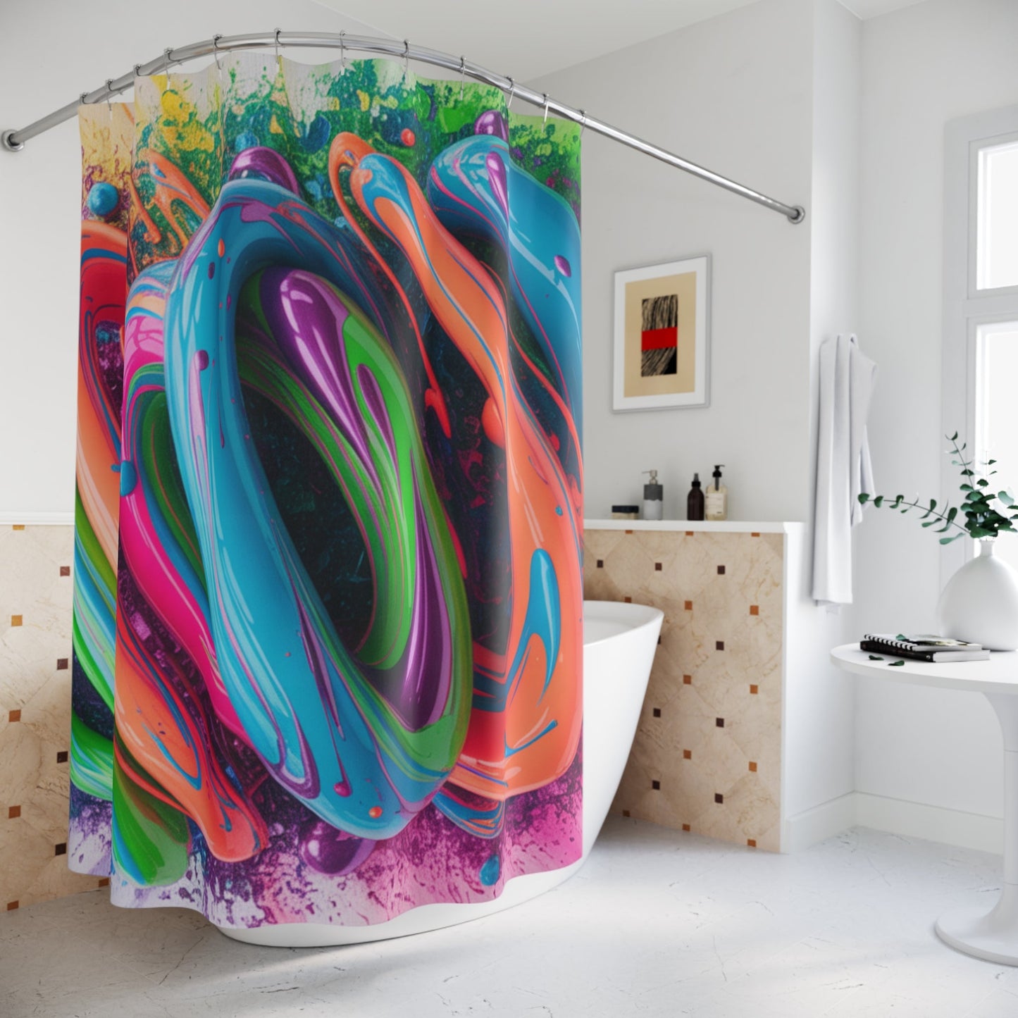 Colorful Abstract Swirl Shower Curtain | Neon Paint Splash Bathroom Decor - Bubble Gum Wink