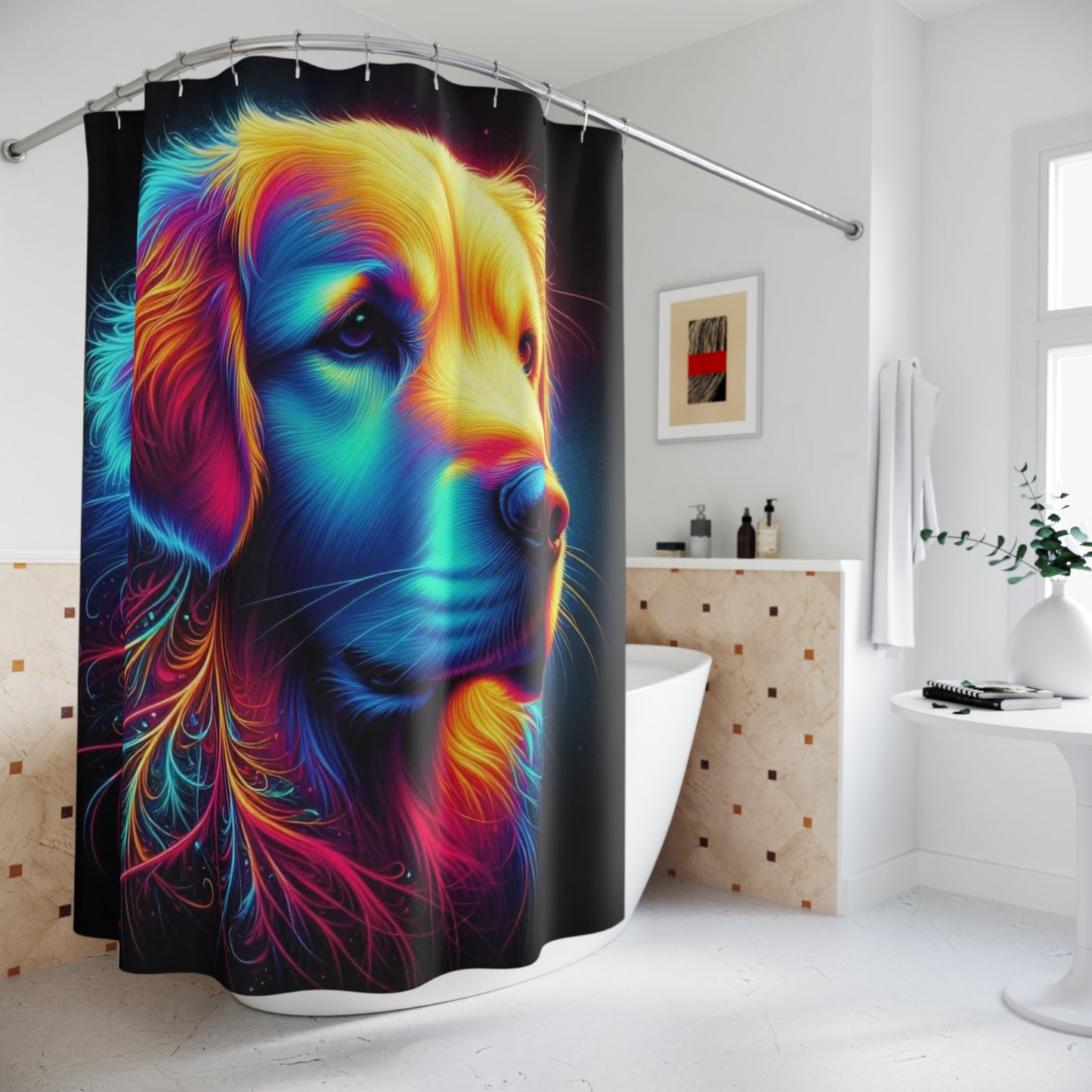 Colorful Neon Golden Retriever Shower Curtain | Vibrant Dog Bathroom Decor - Bubble Gum Wink