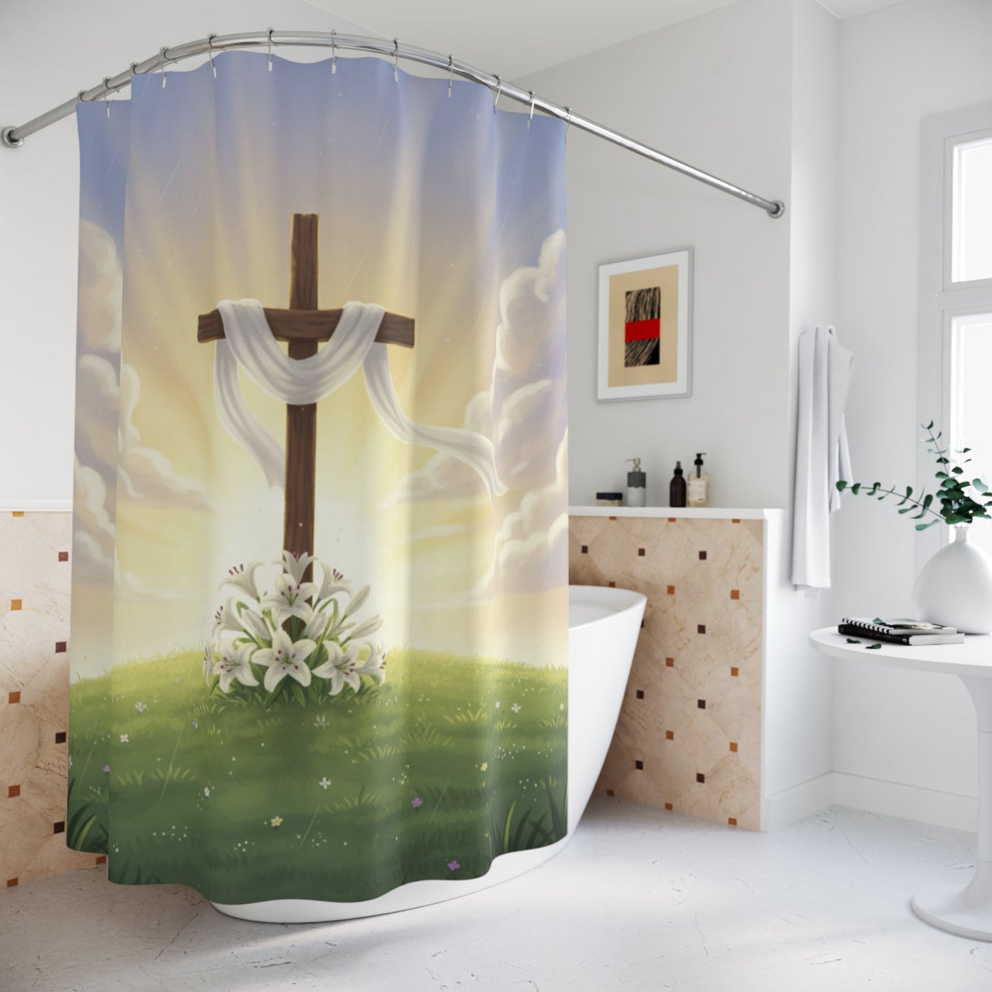 Easter Cross with Lilies Shower Curtain | Christian Bathroom Decor - Bubble Gum Wink