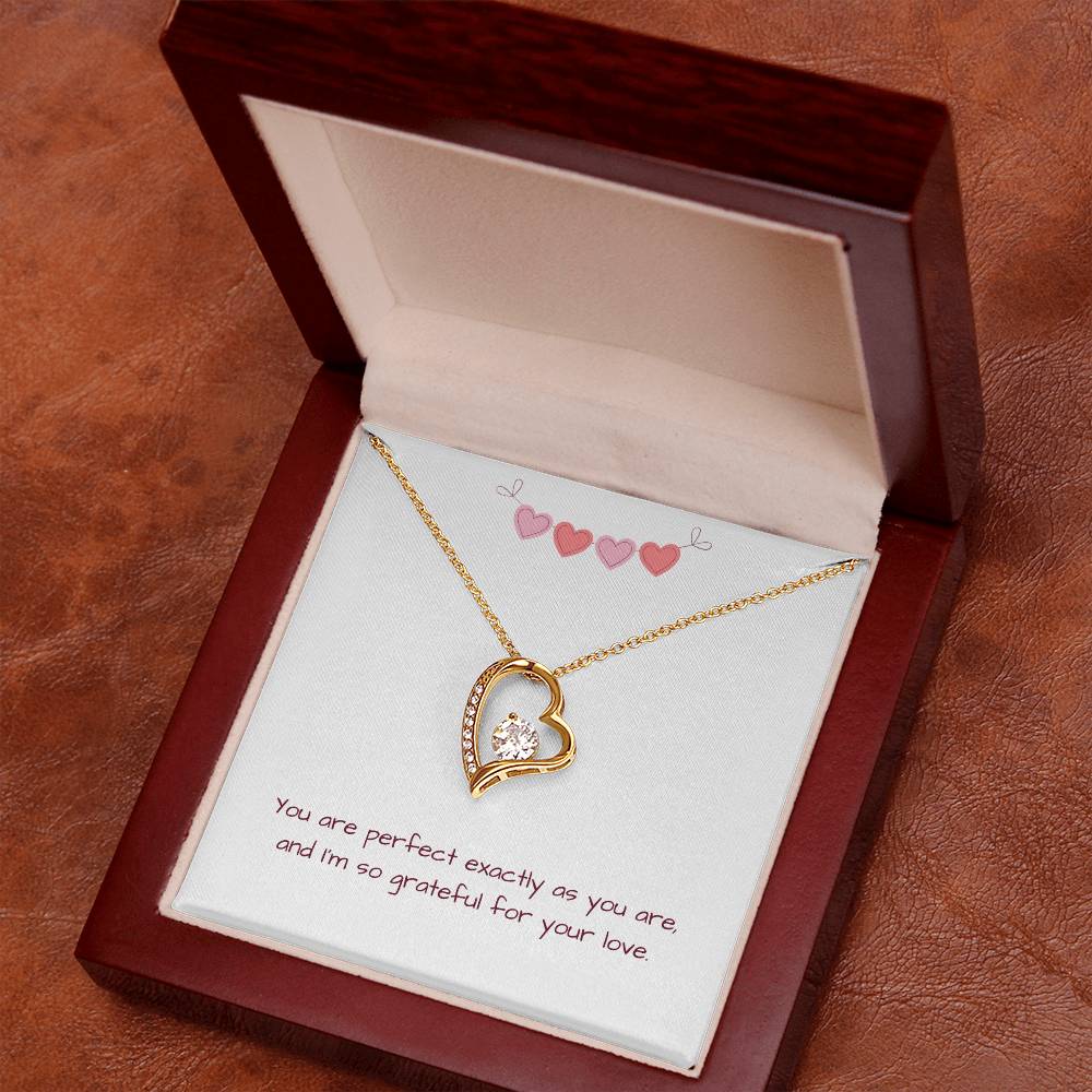 Gold Perfectly You Heart Necklace with message card inside dark red gift box