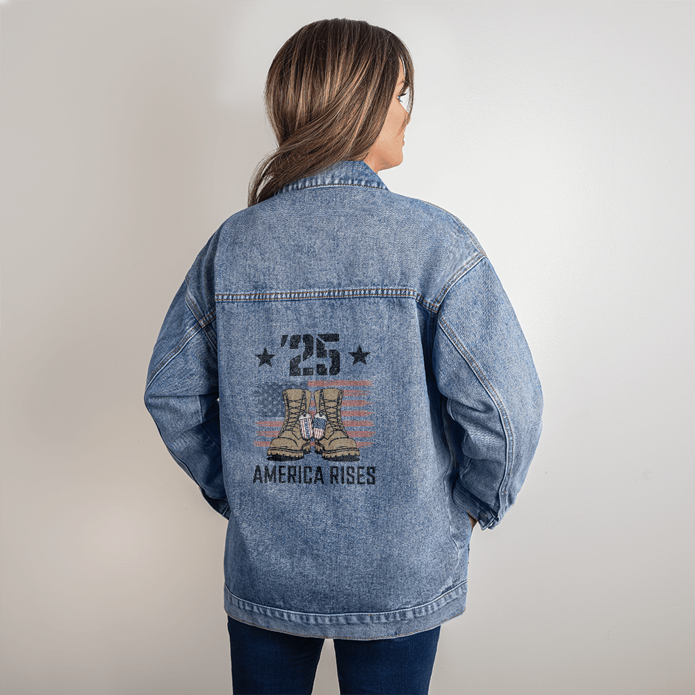 ’25 America Rises Women’s Oversized Denim Jacket | Patriotic Boyfriend Style - Bubble Gum Wink