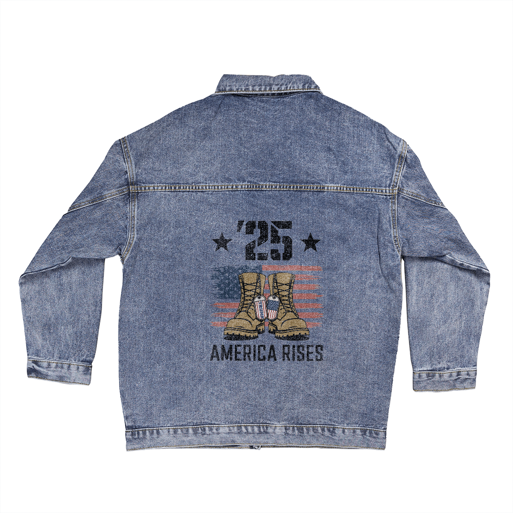 ’25 America Rises Women’s Oversized Denim Jacket | Patriotic Boyfriend Style - Bubble Gum Wink