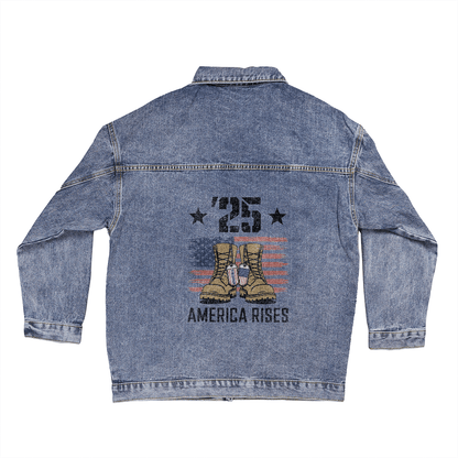 ’25 America Rises Women’s Oversized Denim Jacket | Patriotic Boyfriend Style - Bubble Gum Wink