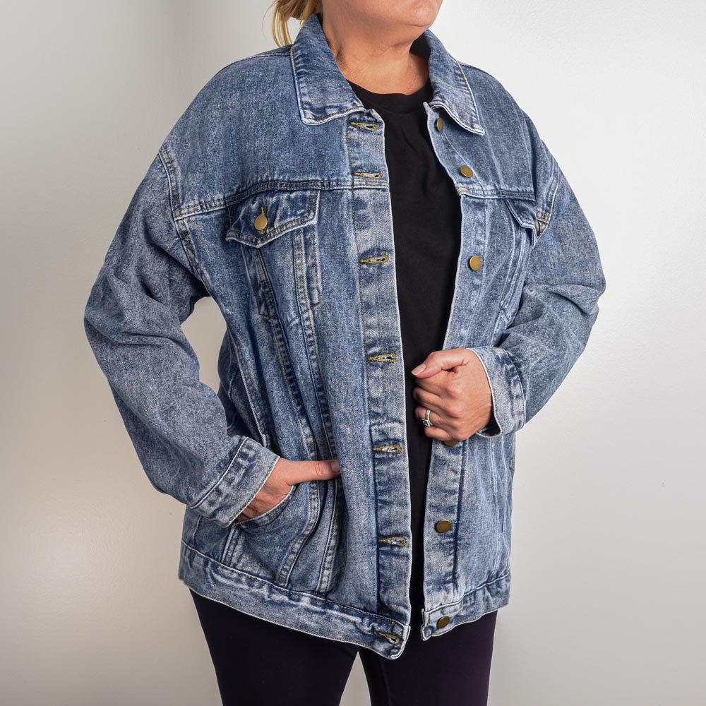 ’25 America Rises Women’s Oversized Denim Jacket | Patriotic Boyfriend Style - Bubble Gum Wink