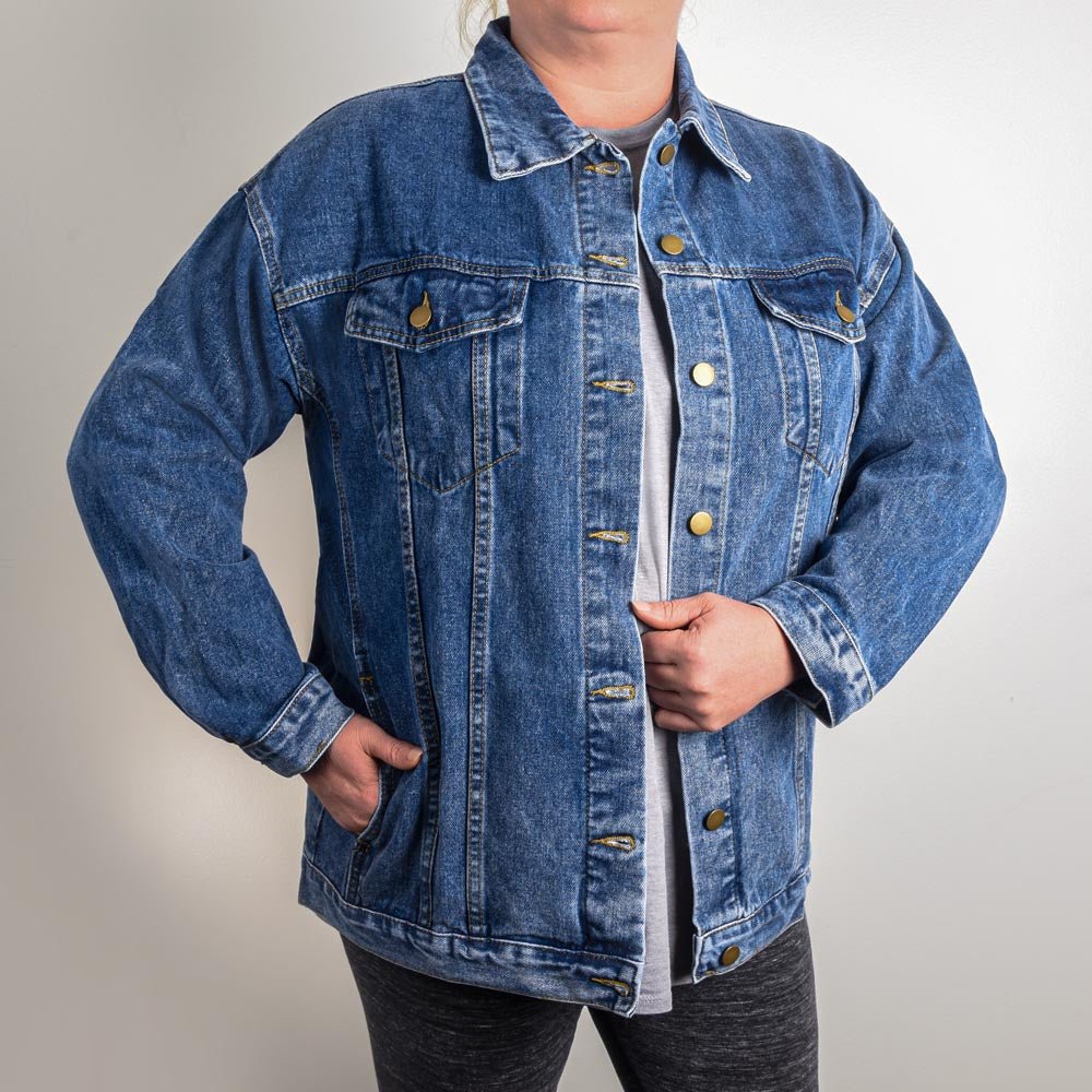 ’25 America Rises Women’s Oversized Denim Jacket | Patriotic Boyfriend Style - Bubble Gum Wink