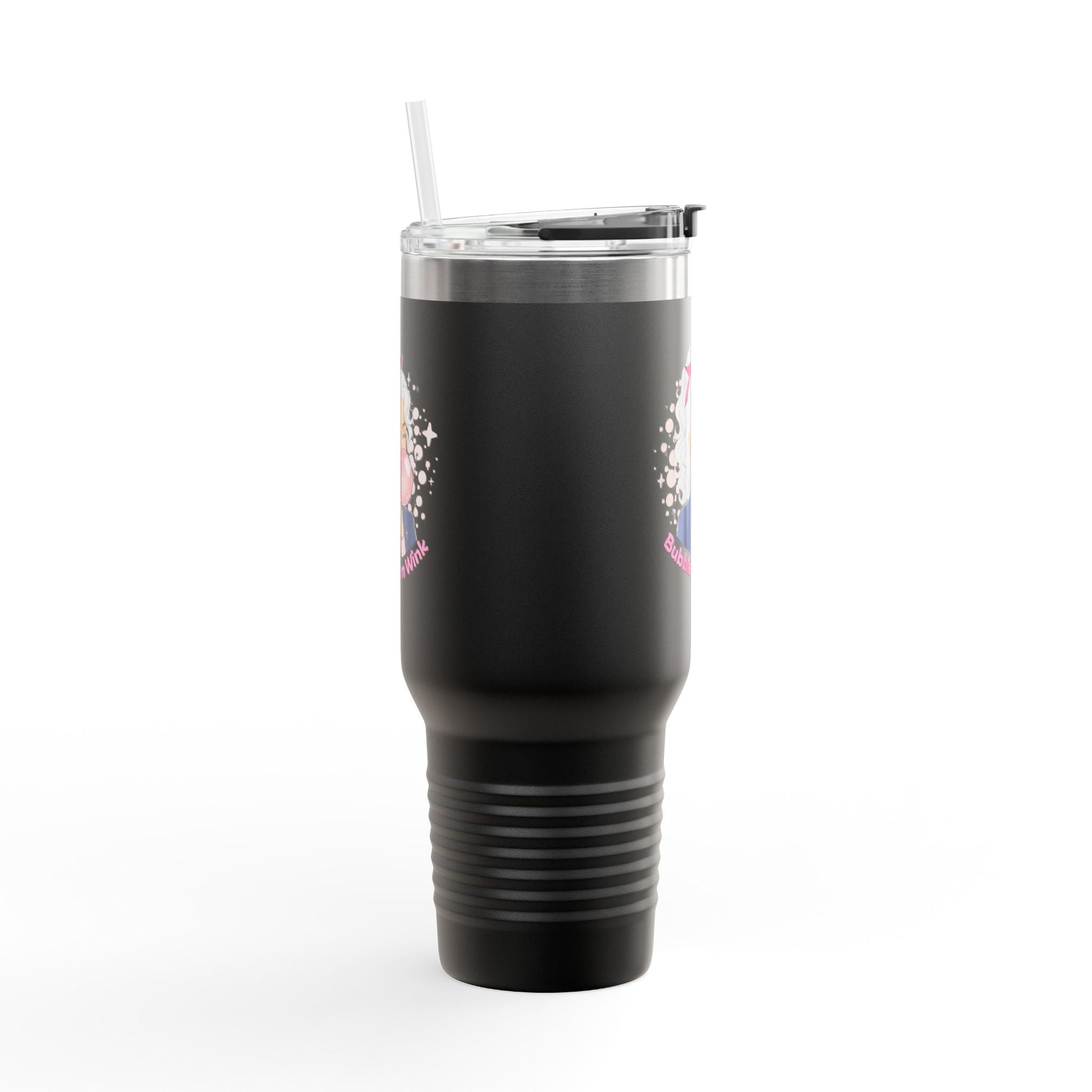 40oz Insulated Travel Mug — 'Bubble Gum Queen' Retro Pink Bubbleblow Design - Bubble Gum Wink