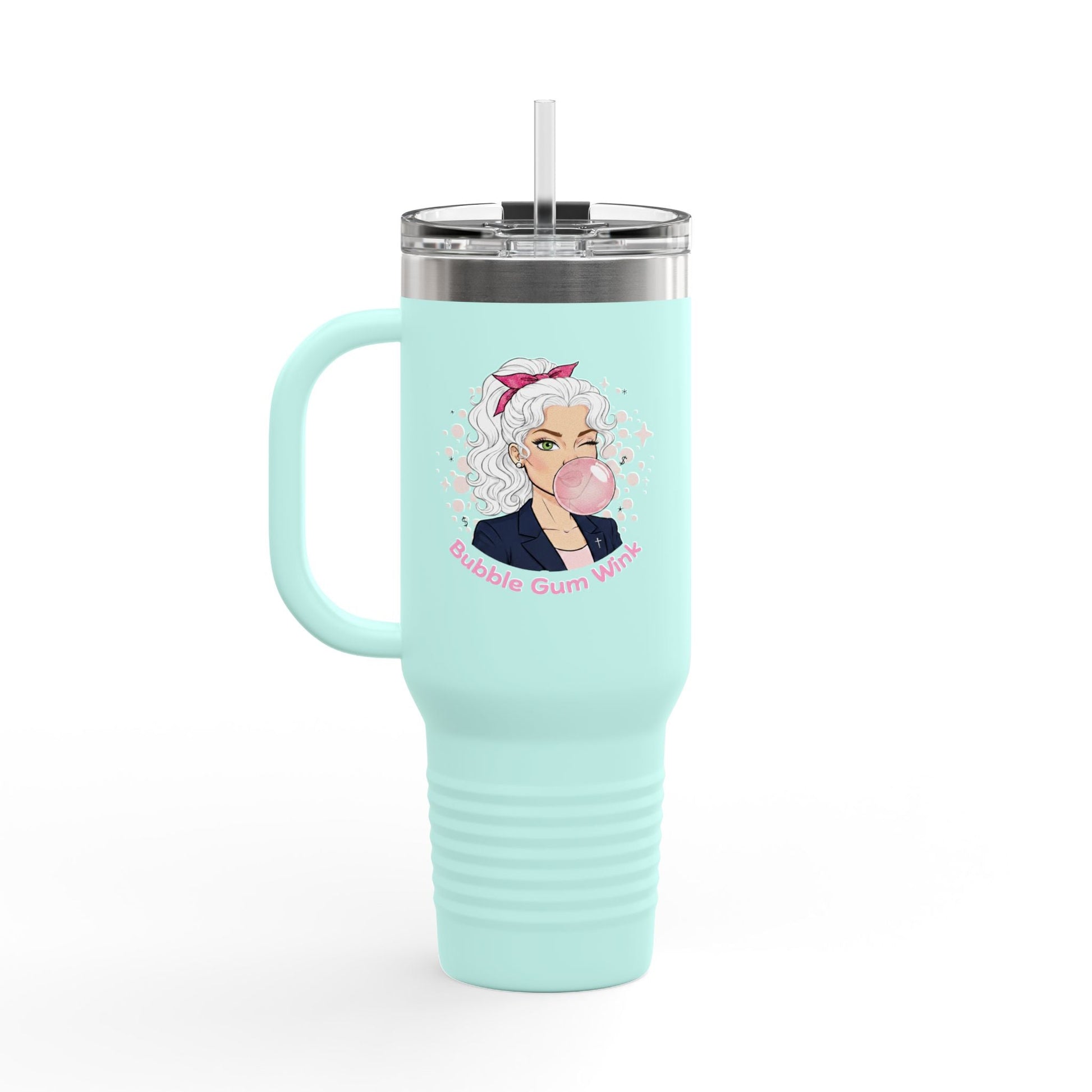 40oz Insulated Travel Mug — 'Bubble Gum Queen' Retro Pink Bubbleblow Design - Bubble Gum Wink