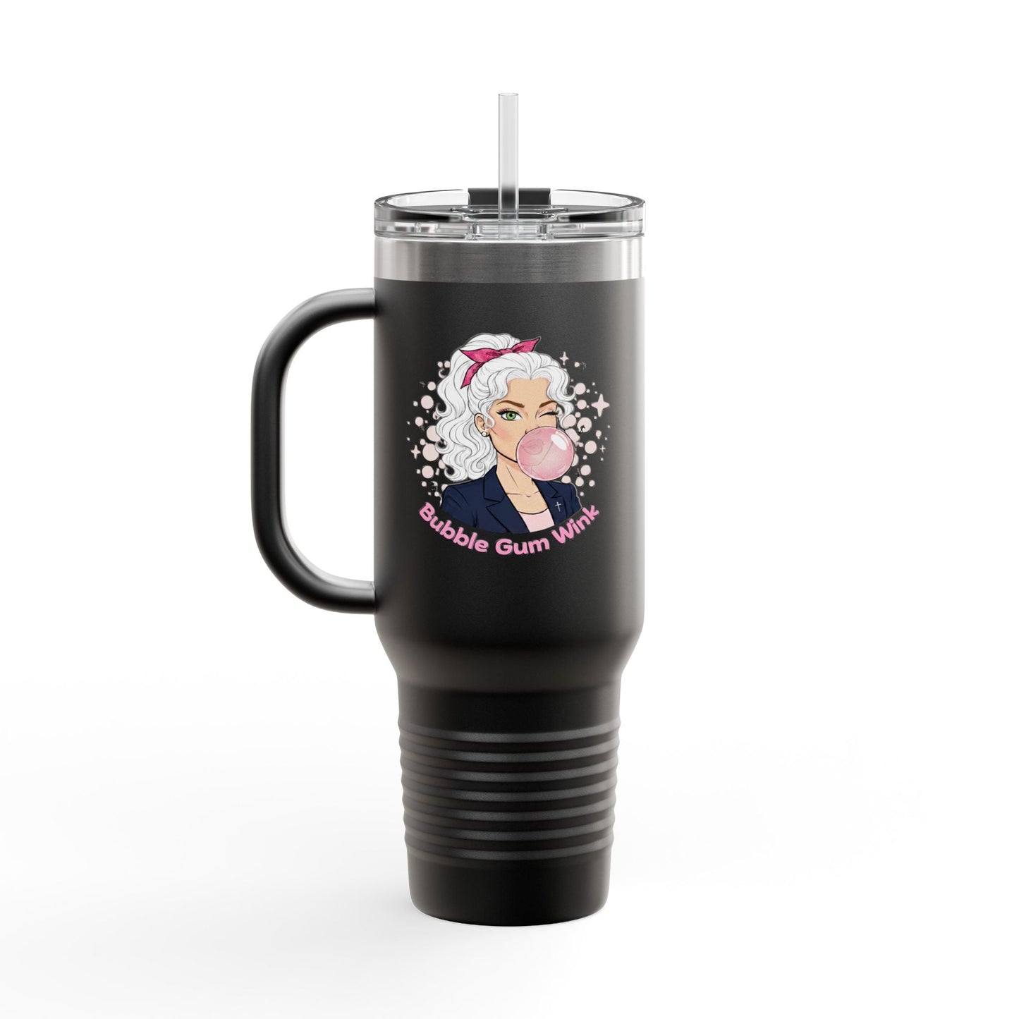 40oz Insulated Travel Mug — 'Bubble Gum Queen' Retro Pink Bubbleblow Design - Bubble Gum Wink