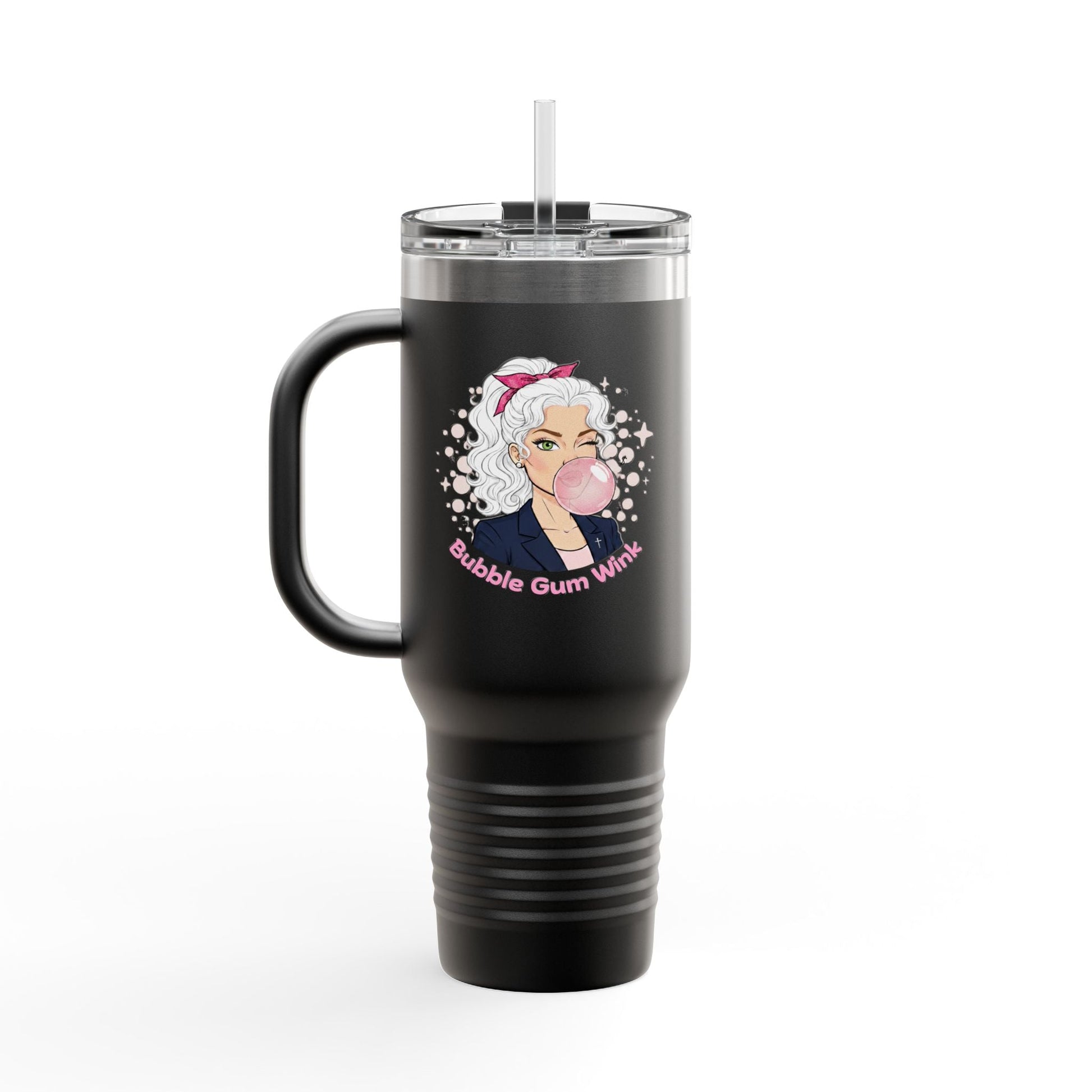 40oz Insulated Travel Mug — 'Bubble Gum Queen' Retro Pink Bubbleblow Design - Bubble Gum Wink