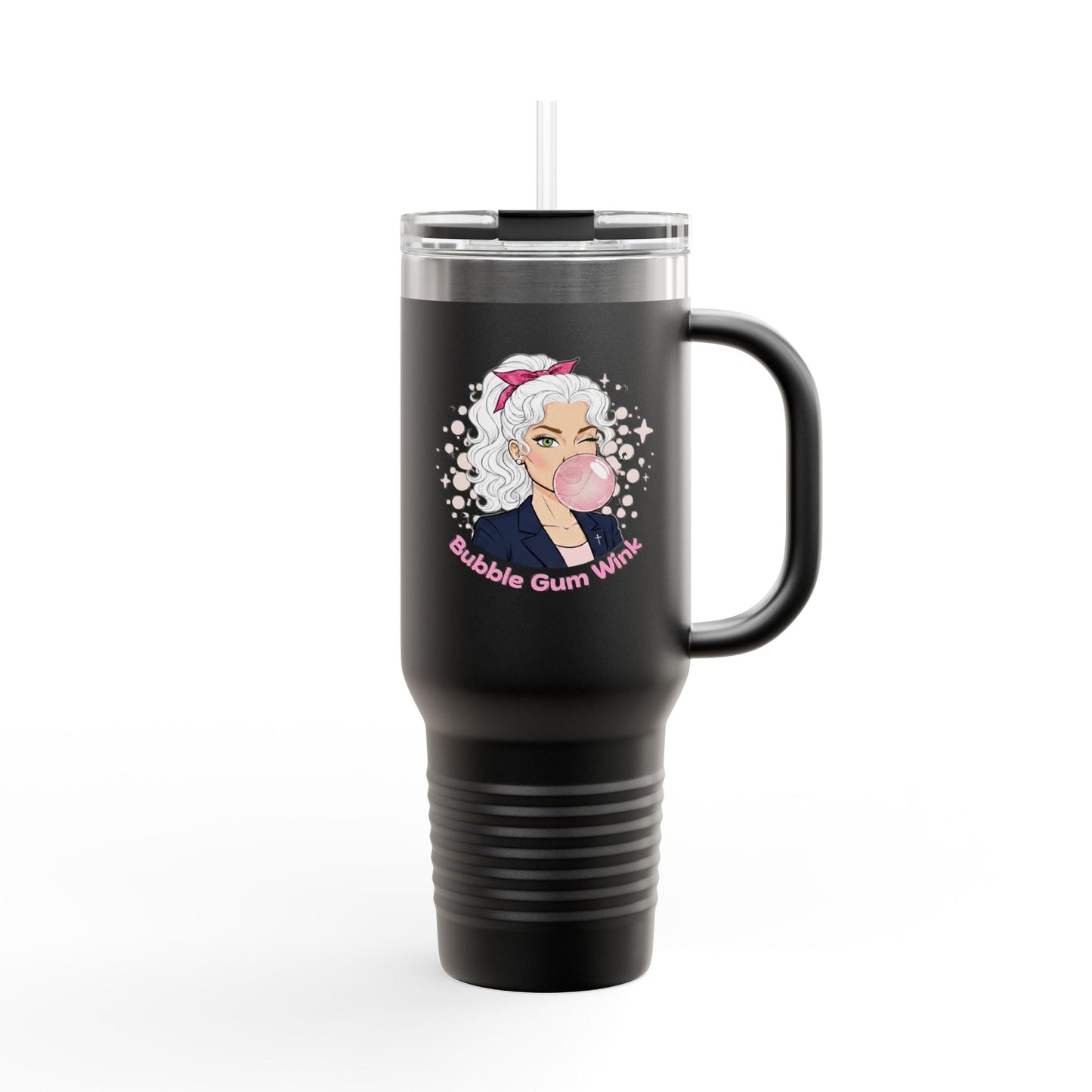 40oz Insulated Travel Mug — 'Bubble Gum Queen' Retro Pink Bubbleblow Design - Bubble Gum Wink
