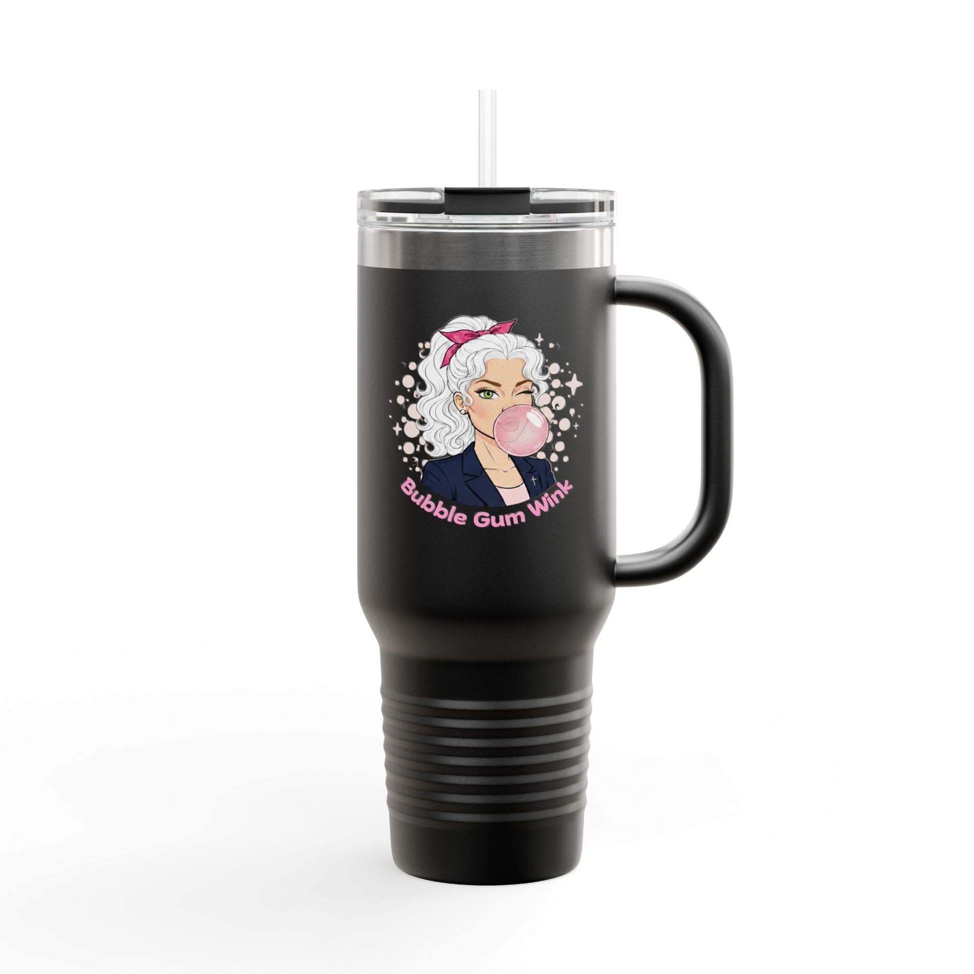 40oz Insulated Travel Mug — 'Bubble Gum Queen' Retro Pink Bubbleblow Design - Bubble Gum Wink