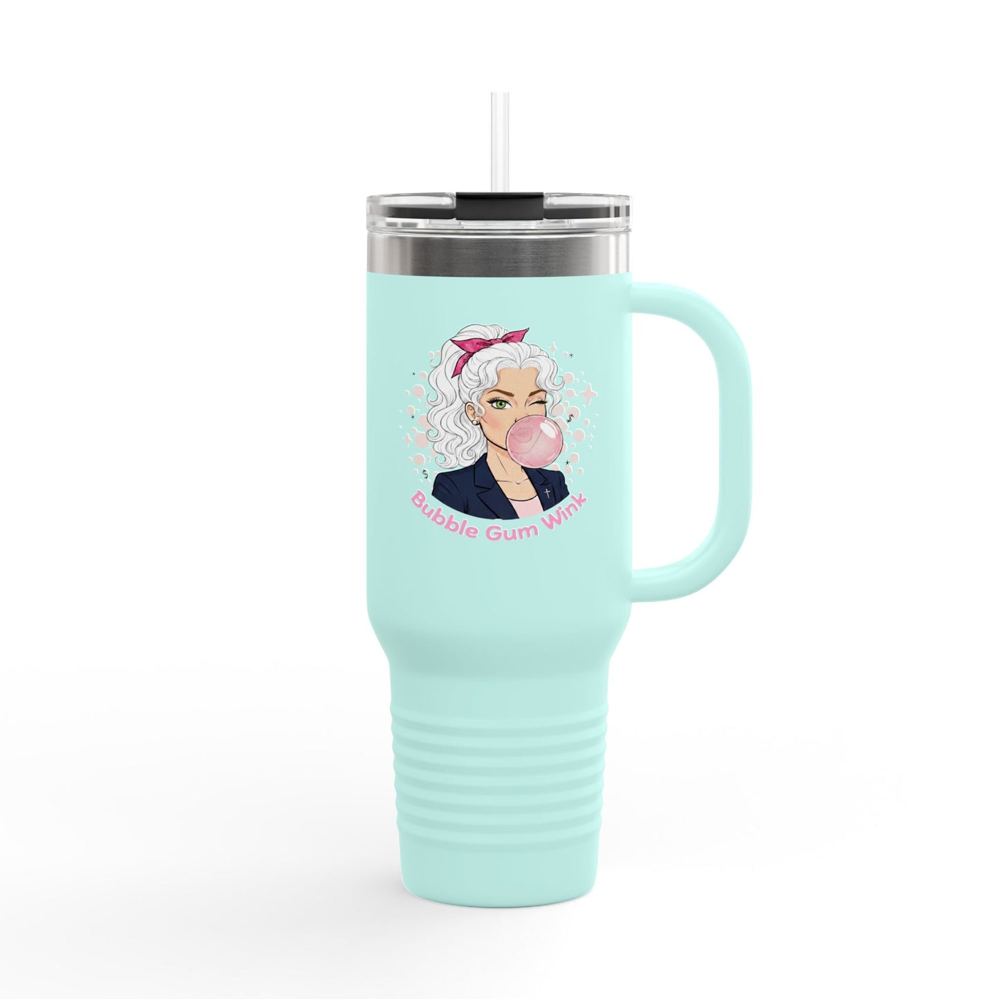40oz Insulated Travel Mug — 'Bubble Gum Queen' Retro Pink Bubbleblow Design - Bubble Gum Wink