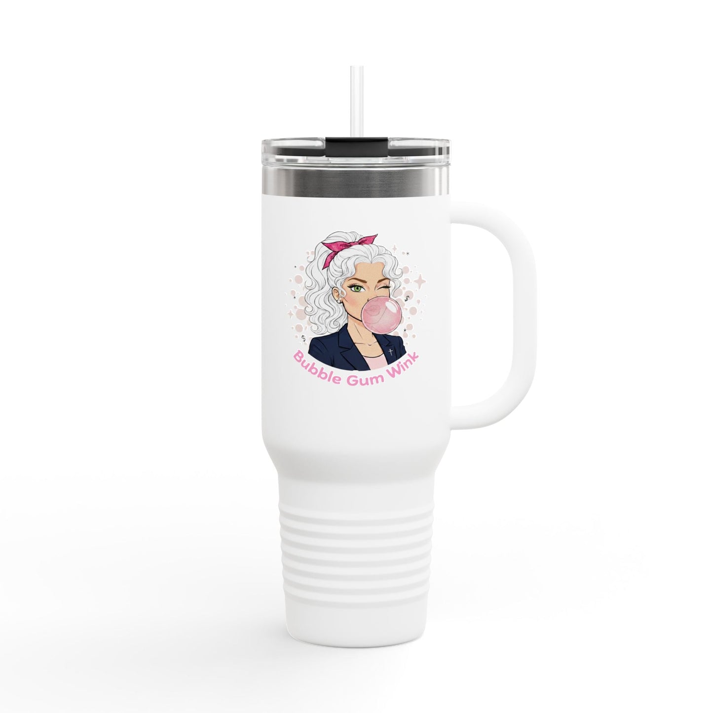 40oz Insulated Travel Mug — 'Bubble Gum Queen' Retro Pink Bubbleblow Design - Bubble Gum Wink
