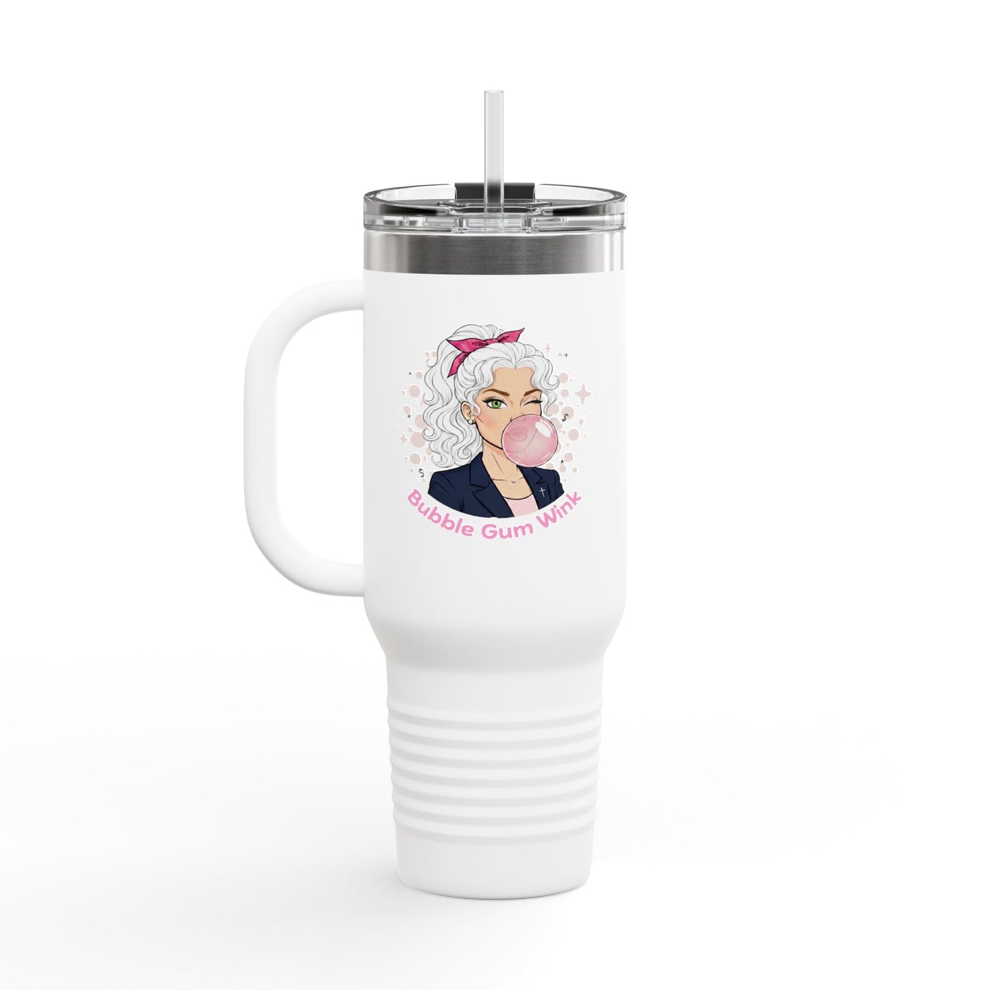 40oz Insulated Travel Mug — 'Bubble Gum Queen' Retro Pink Bubbleblow Design - Bubble Gum Wink