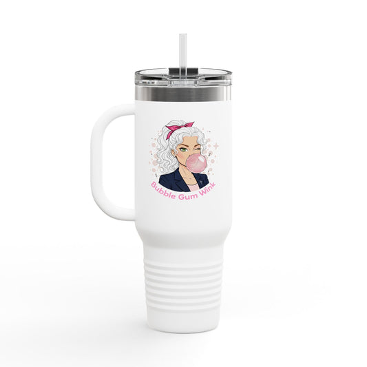 40oz Insulated Travel Mug — 'Bubble Gum Queen' Retro Pink Bubbleblow Design - Bubble Gum Wink