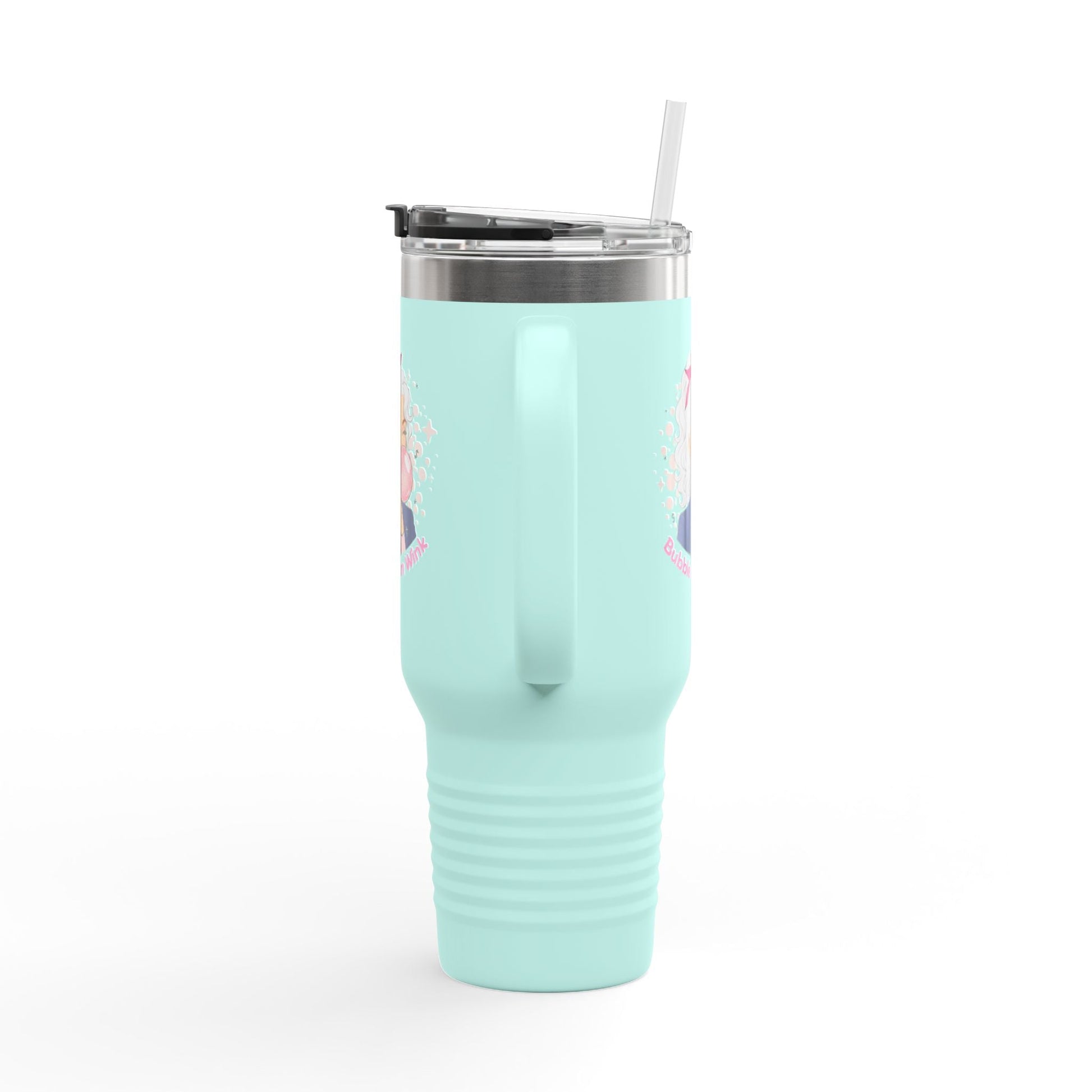 40oz Insulated Travel Mug — 'Bubble Gum Queen' Retro Pink Bubbleblow Design - Bubble Gum Wink