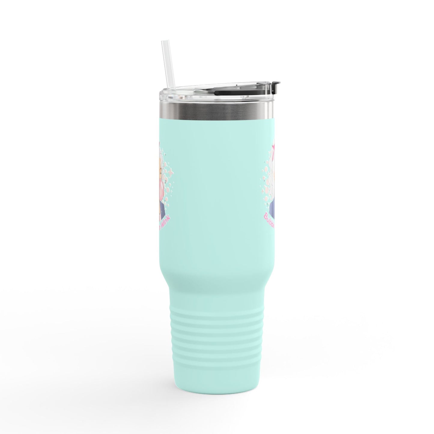 40oz Insulated Travel Mug — 'Bubble Gum Queen' Retro Pink Bubbleblow Design - Bubble Gum Wink