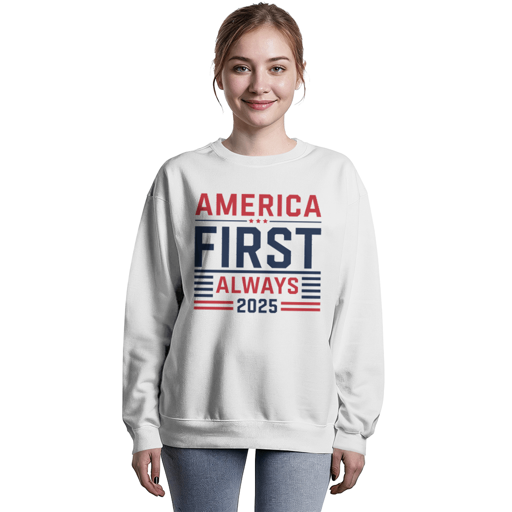 America First Always 2025 Sweatshirt | Patriotic Crewneck - Bubble Gum Wink