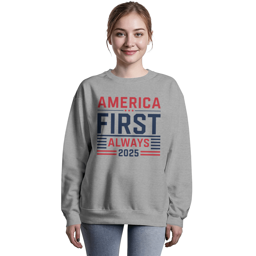 America First Always 2025 Sweatshirt | Patriotic Crewneck - Bubble Gum Wink