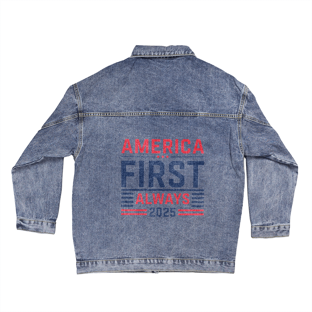 America First Always 2025 – Women’s Oversized Denim Jacket - Bubble Gum Wink