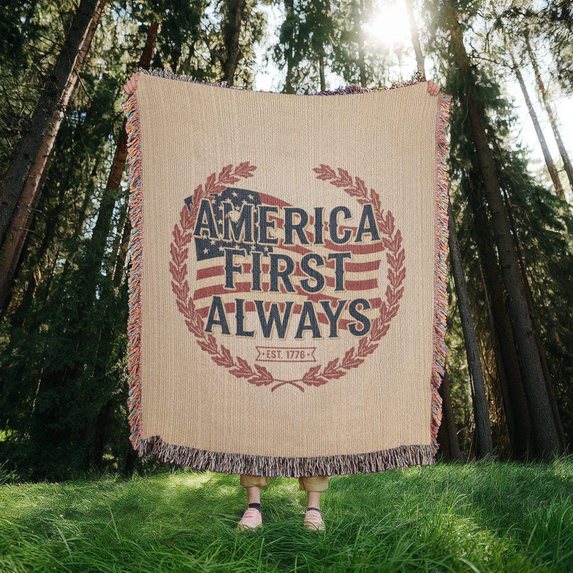 America First Always – Patriotic Woven Blanket | Est. 1776 Heritage Edition - Bubble Gum Wink