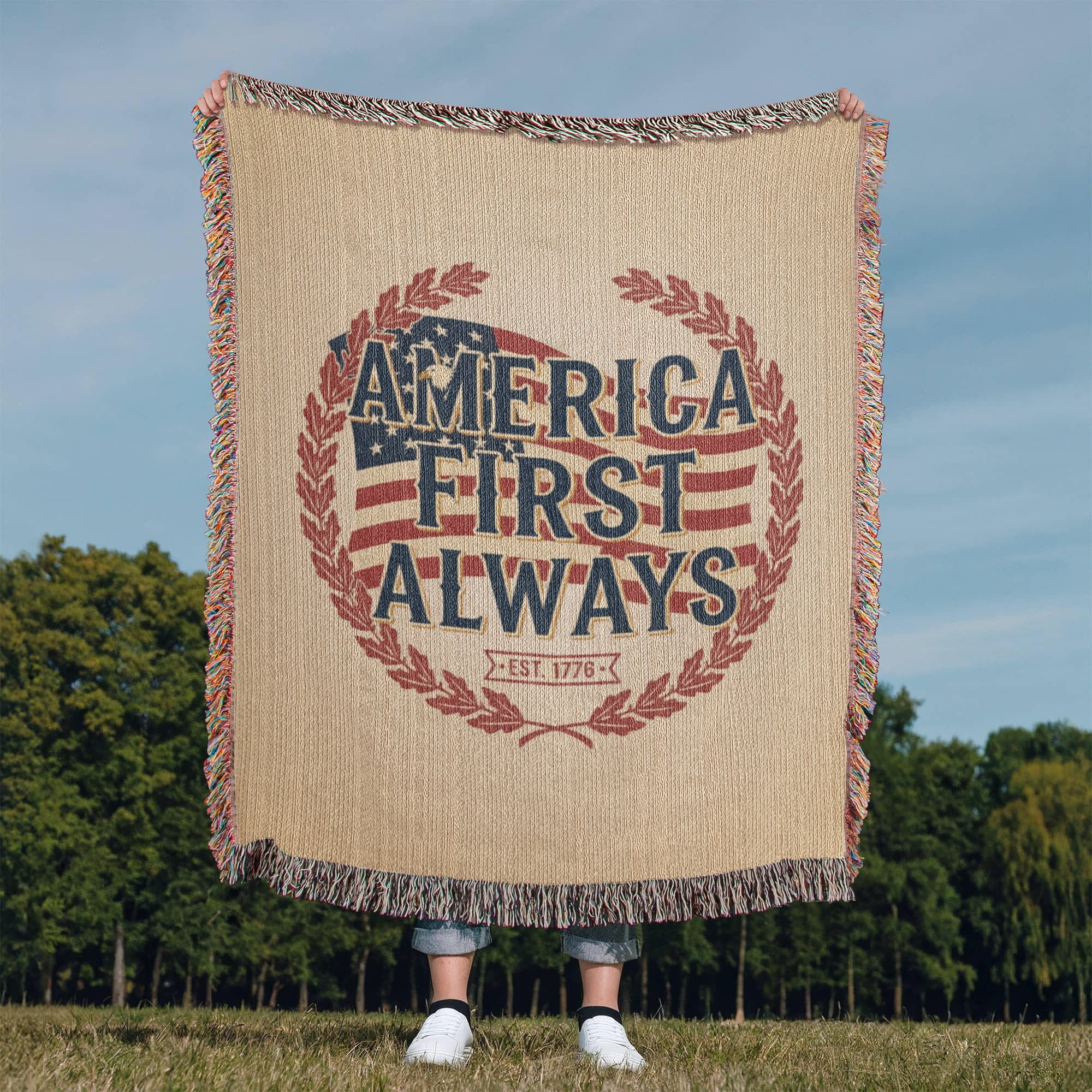 America First Always – Patriotic Woven Blanket | Est. 1776 Heritage Edition - Bubble Gum Wink
