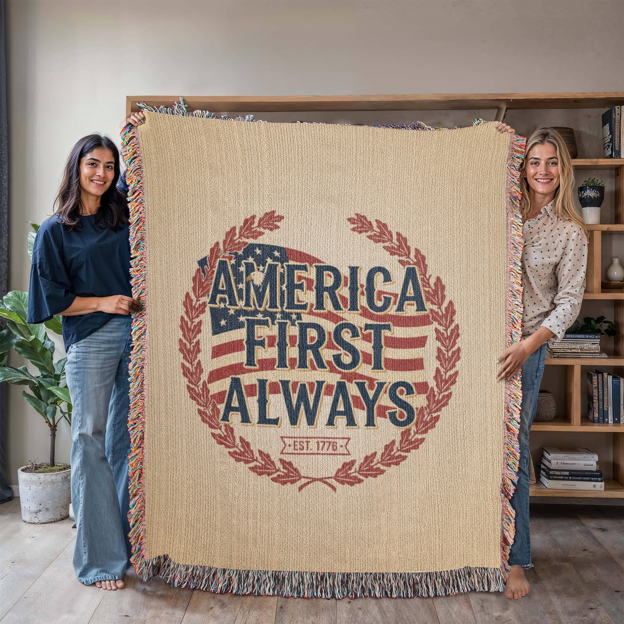 America First Always – Patriotic Woven Blanket | Est. 1776 Heritage Edition - Bubble Gum Wink