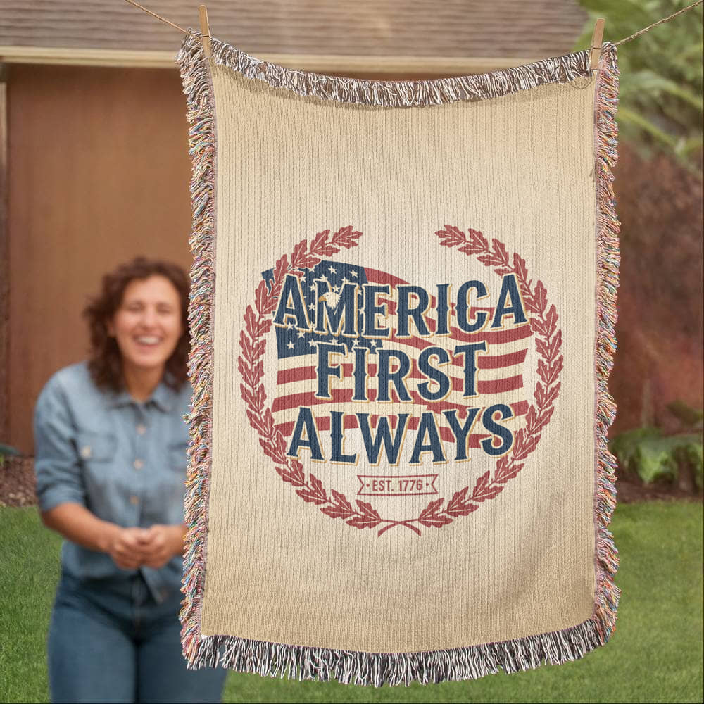 America First Always – Patriotic Woven Blanket | Est. 1776 Heritage Edition - Bubble Gum Wink