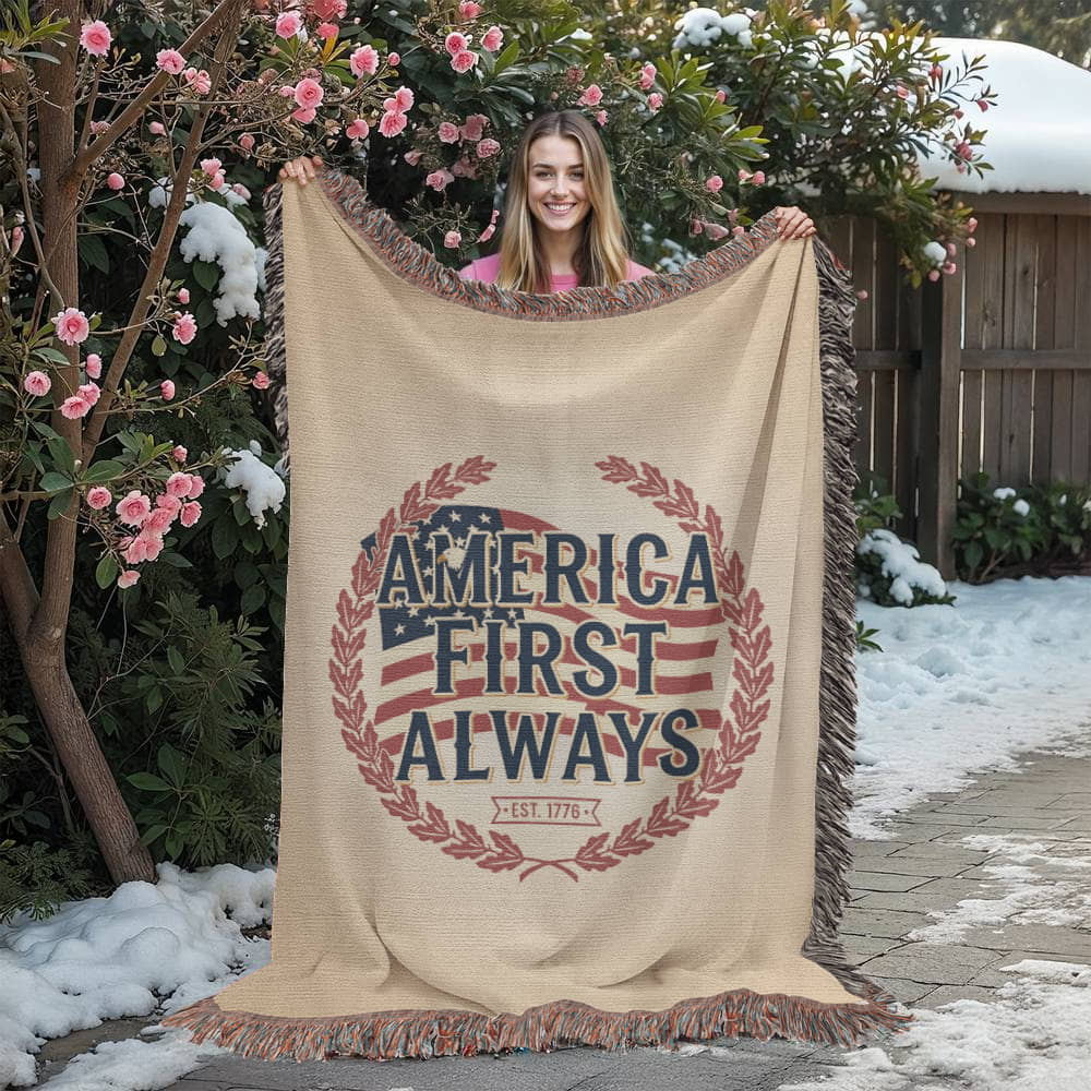 America First Always – Patriotic Woven Blanket | Est. 1776 Heritage Edition - Bubble Gum Wink