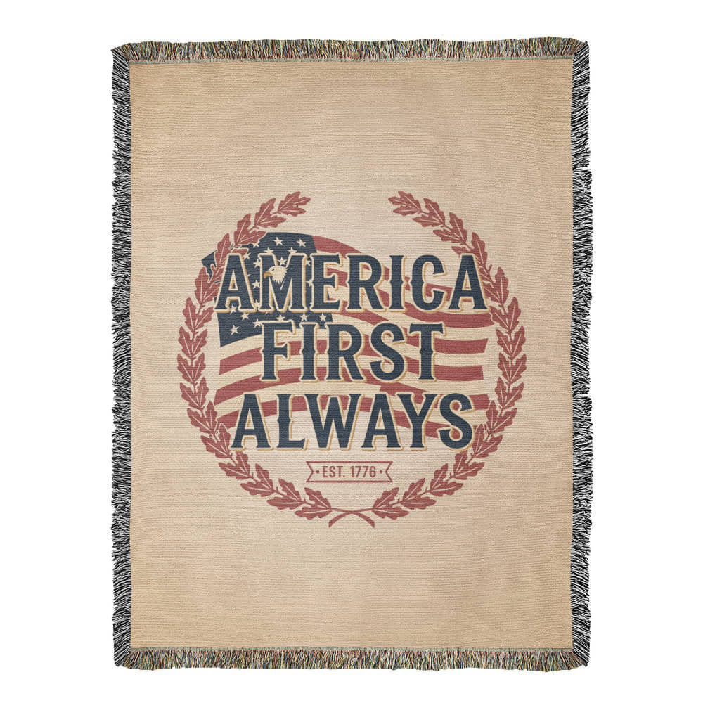 America First Always – Patriotic Woven Blanket | Est. 1776 Heritage Edition - Bubble Gum Wink