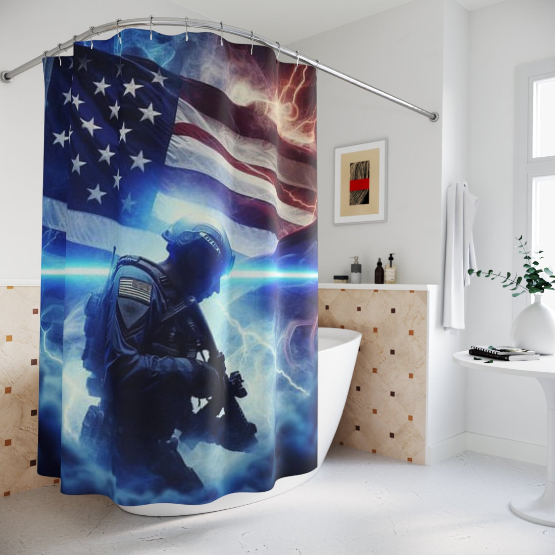 American Flag Soldier shower curtain | patriotic military bathroom decor - Bubble Gum Wink