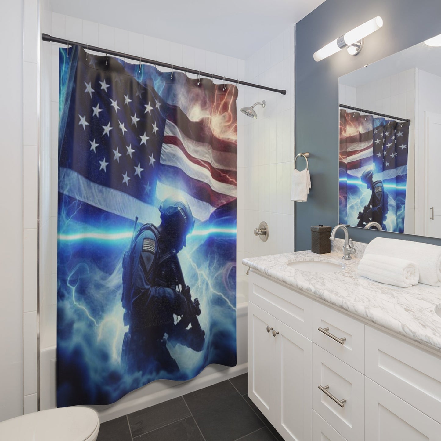 American Flag Soldier shower curtain | patriotic military bathroom decor - Bubble Gum Wink