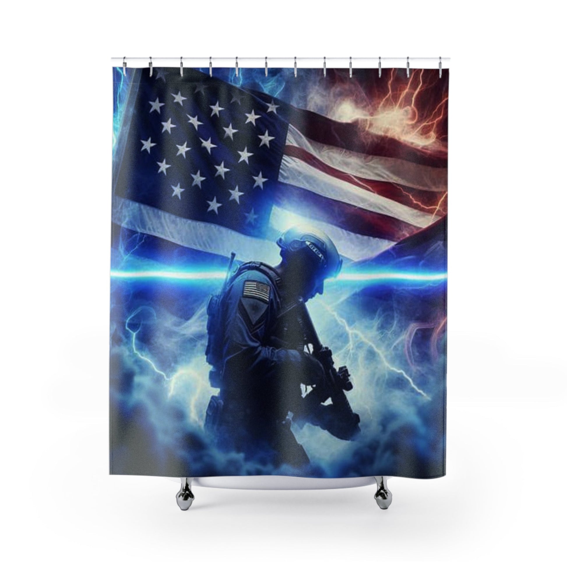 American Flag Soldier shower curtain | patriotic military bathroom decor - Bubble Gum Wink