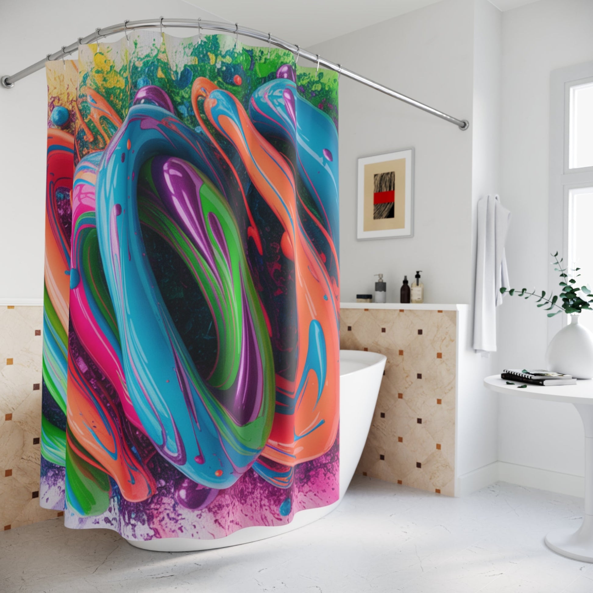 Colorful Abstract Swirl Shower Curtain | Neon Paint Splash Bathroom Decor - Bubble Gum Wink
