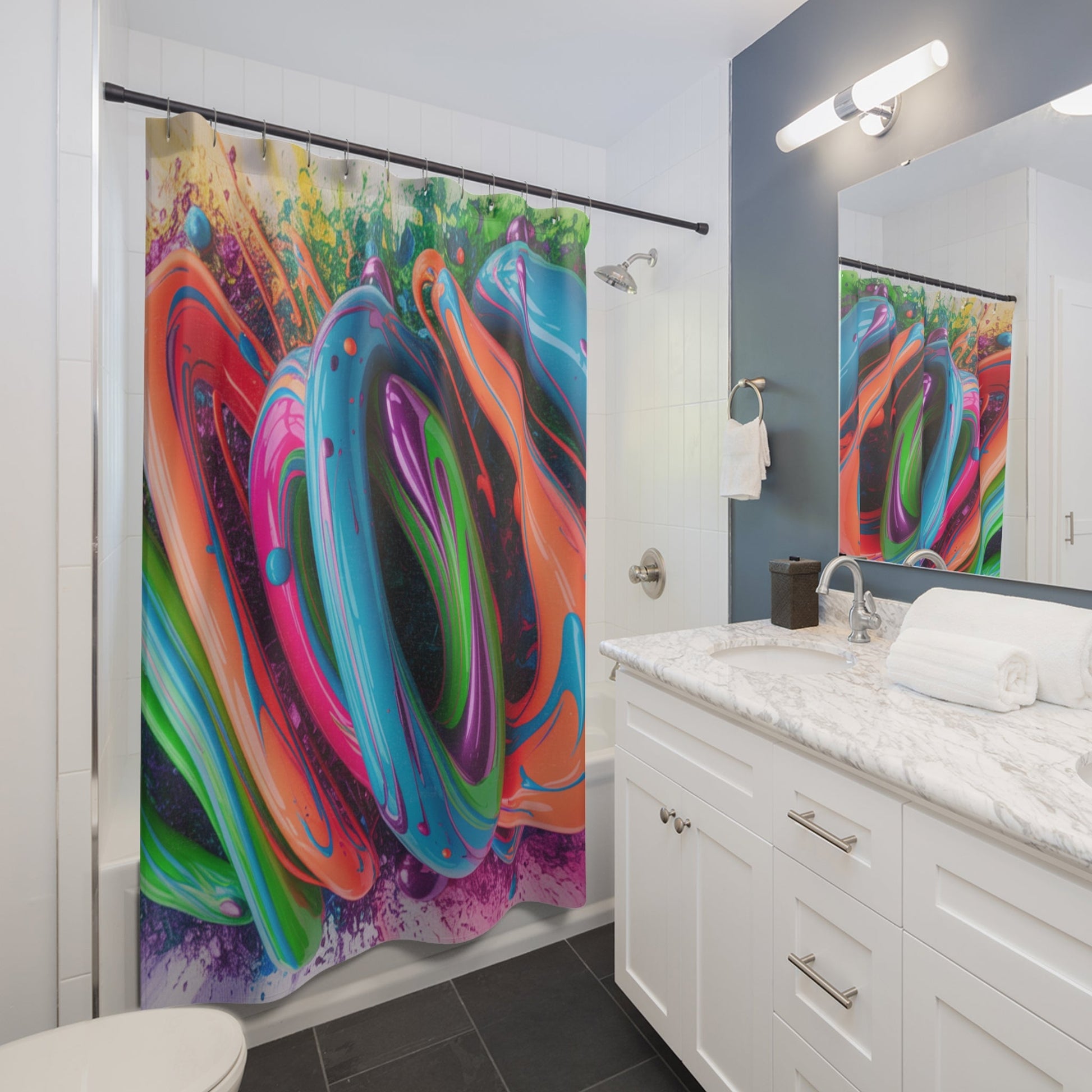 Colorful Abstract Swirl Shower Curtain | Neon Paint Splash Bathroom Decor - Bubble Gum Wink