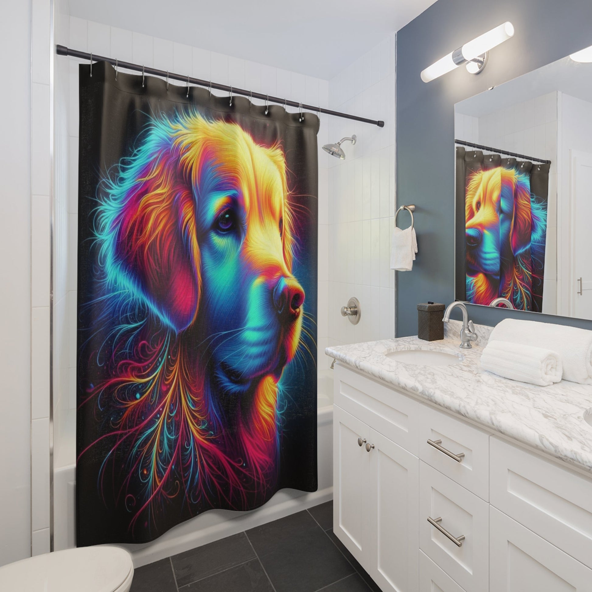 Colorful Neon Golden Retriever Shower Curtain | Vibrant Dog Bathroom Decor - Bubble Gum Wink