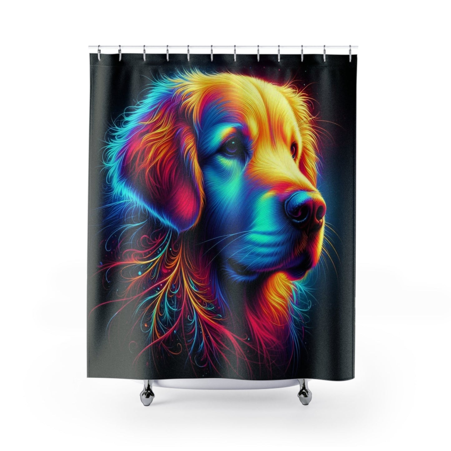 Colorful Neon Golden Retriever Shower Curtain | Vibrant Dog Bathroom Decor - Bubble Gum Wink