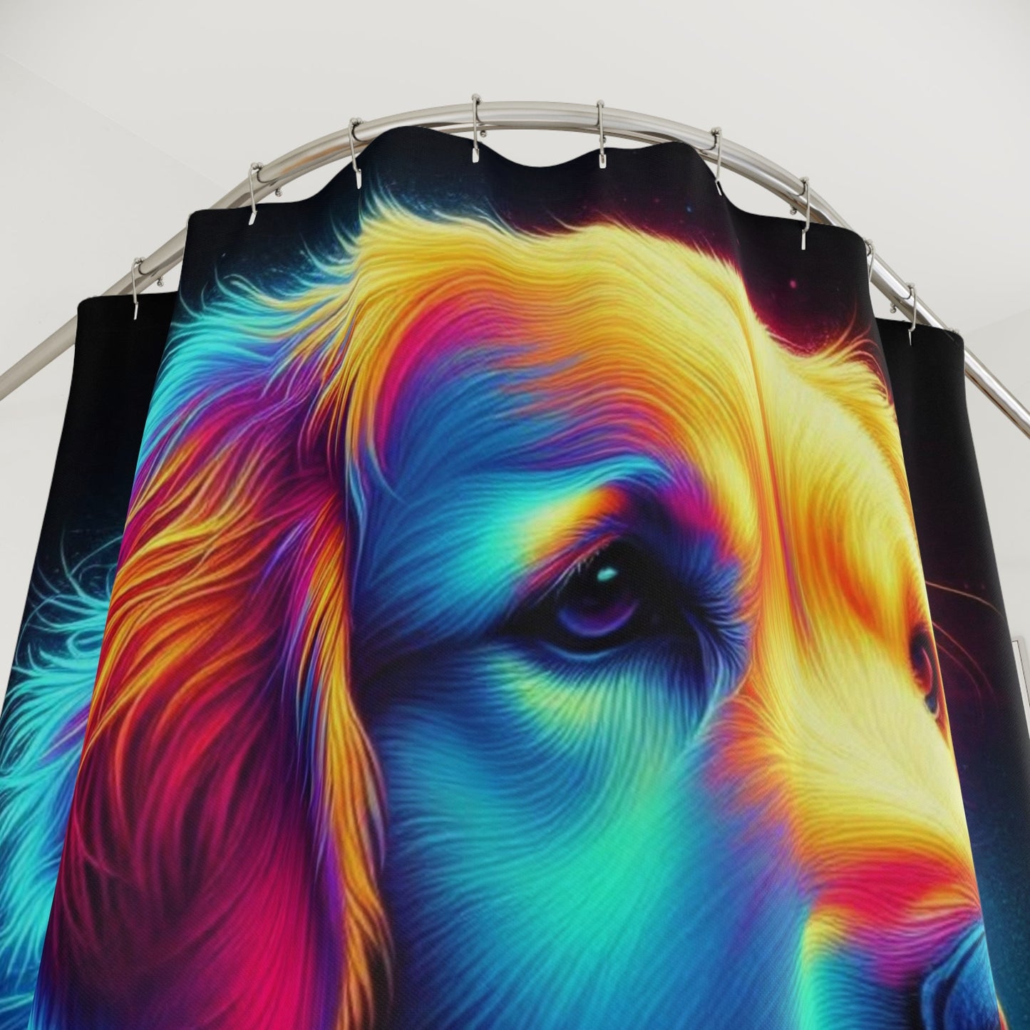 Colorful Neon Golden Retriever Shower Curtain | Vibrant Dog Bathroom Decor - Bubble Gum Wink