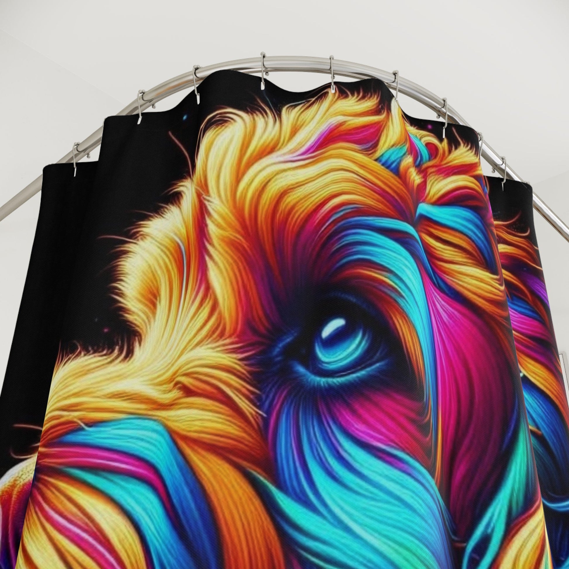 Colorful Psychedelic Dog Shower Curtain | Vibrant Curly Pup - Bubble Gum Wink