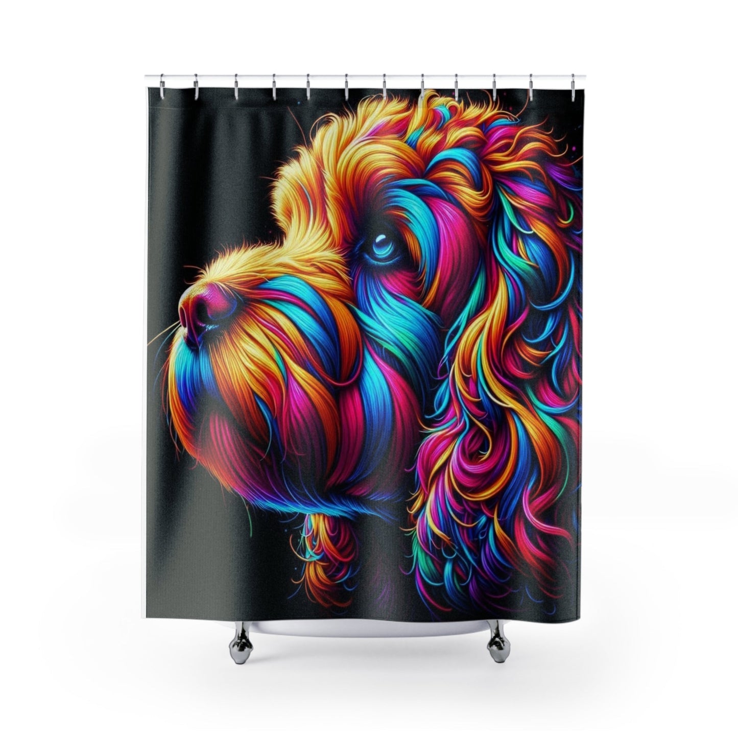 Colorful Psychedelic Dog Shower Curtain | Vibrant Curly Pup - Bubble Gum Wink