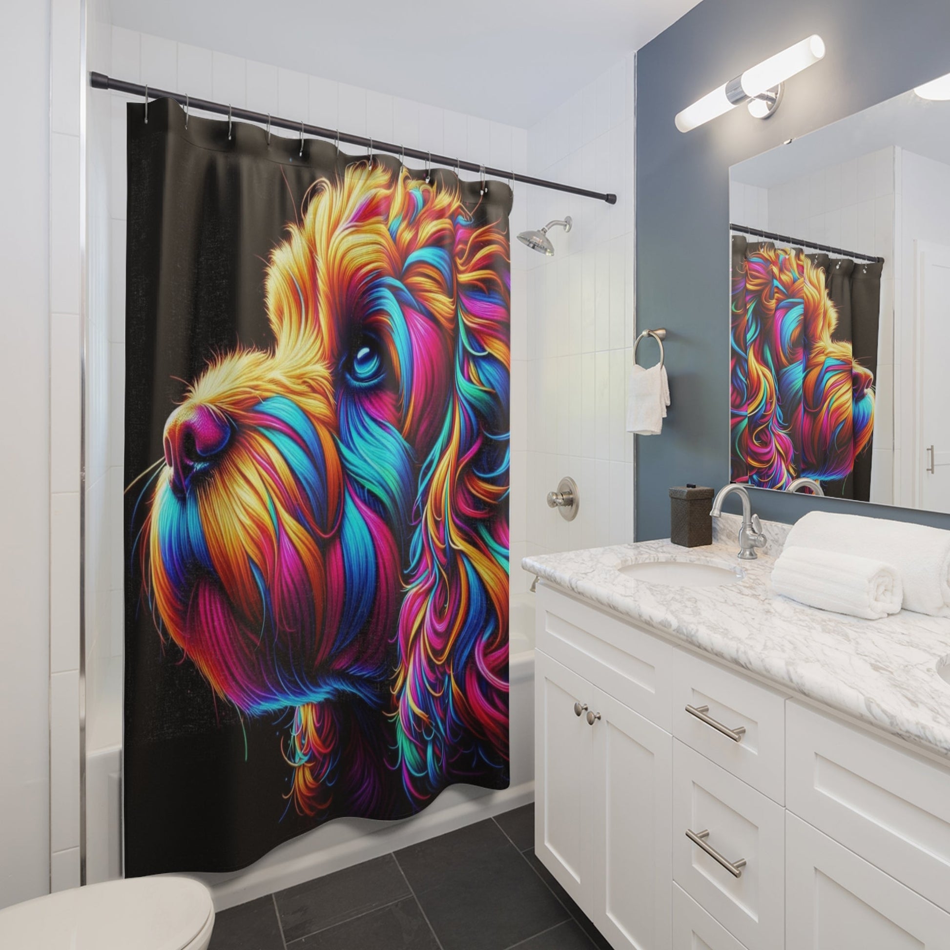 Colorful Psychedelic Dog Shower Curtain | Vibrant Curly Pup - Bubble Gum Wink