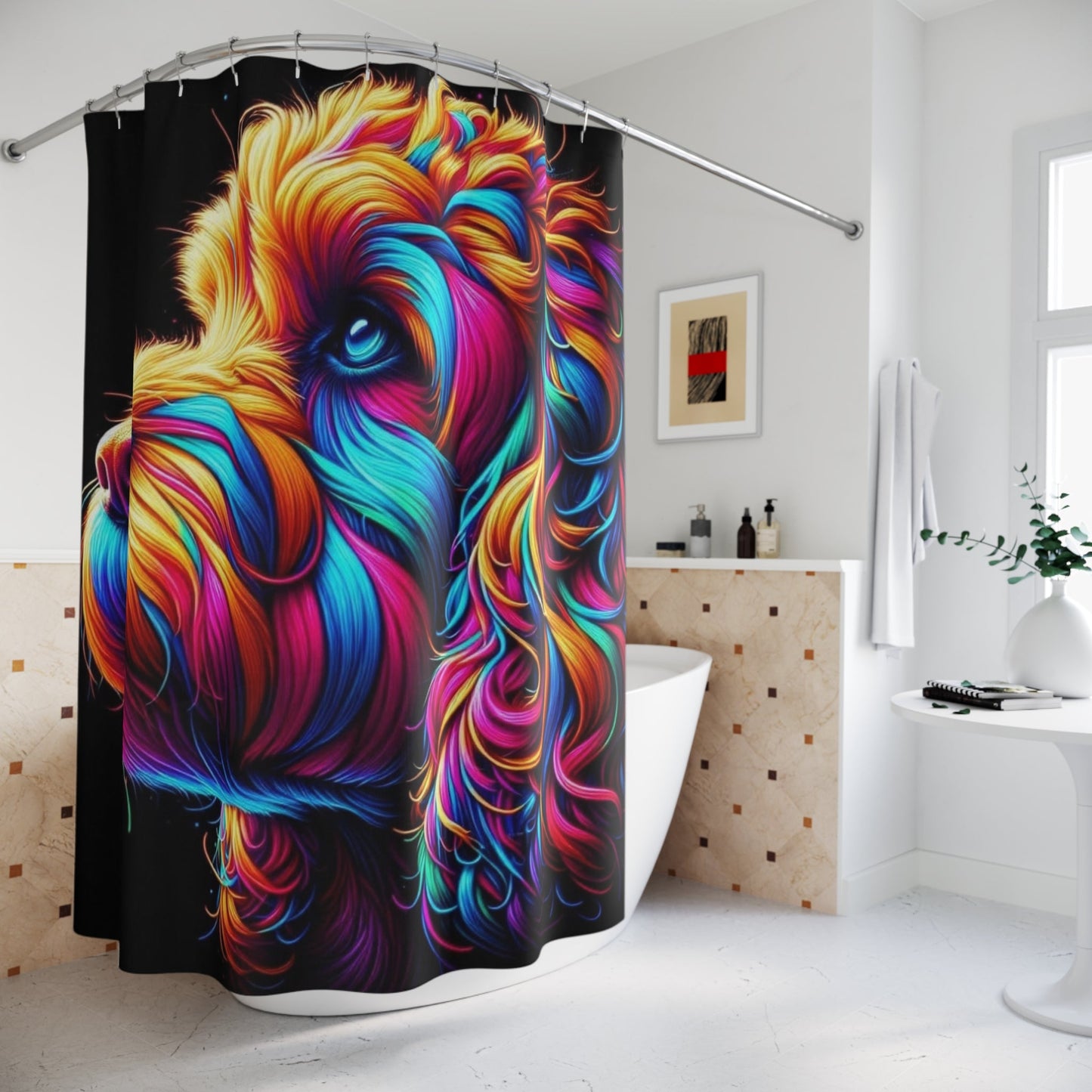 Colorful Psychedelic Dog Shower Curtain | Vibrant Curly Pup - Bubble Gum Wink