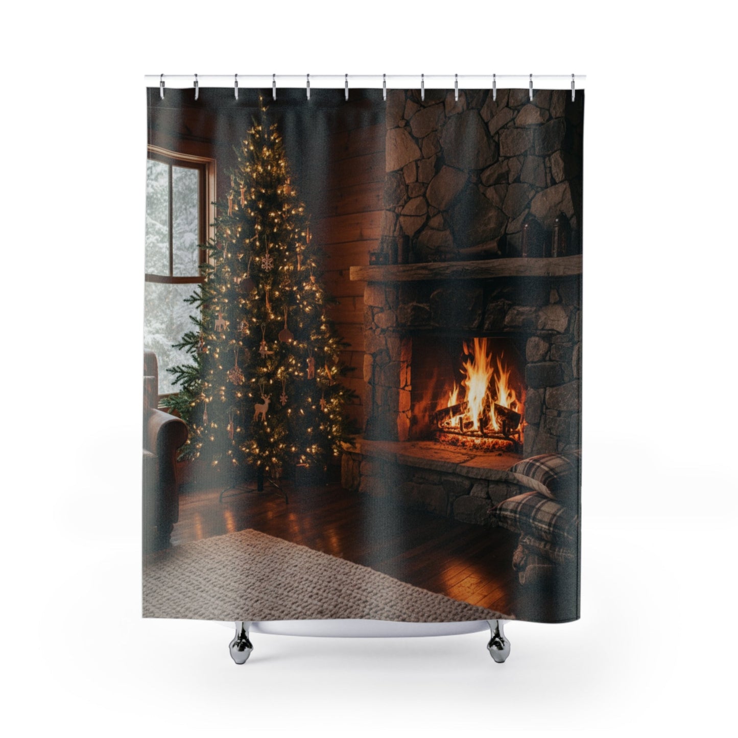 Cozy Fireplace Christmas Tree Shower Curtain | Rustic Cabin Holiday Bathroom - Bubble Gum Wink