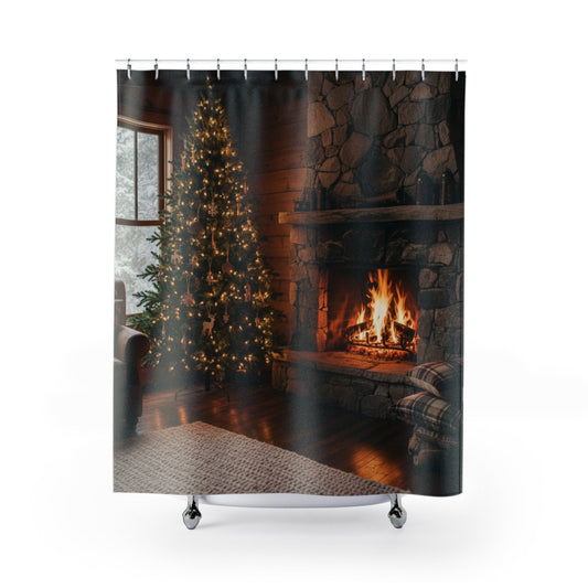 Cozy Fireplace Christmas Tree Shower Curtain | Rustic Cabin Holiday Bathroom - Bubble Gum Wink