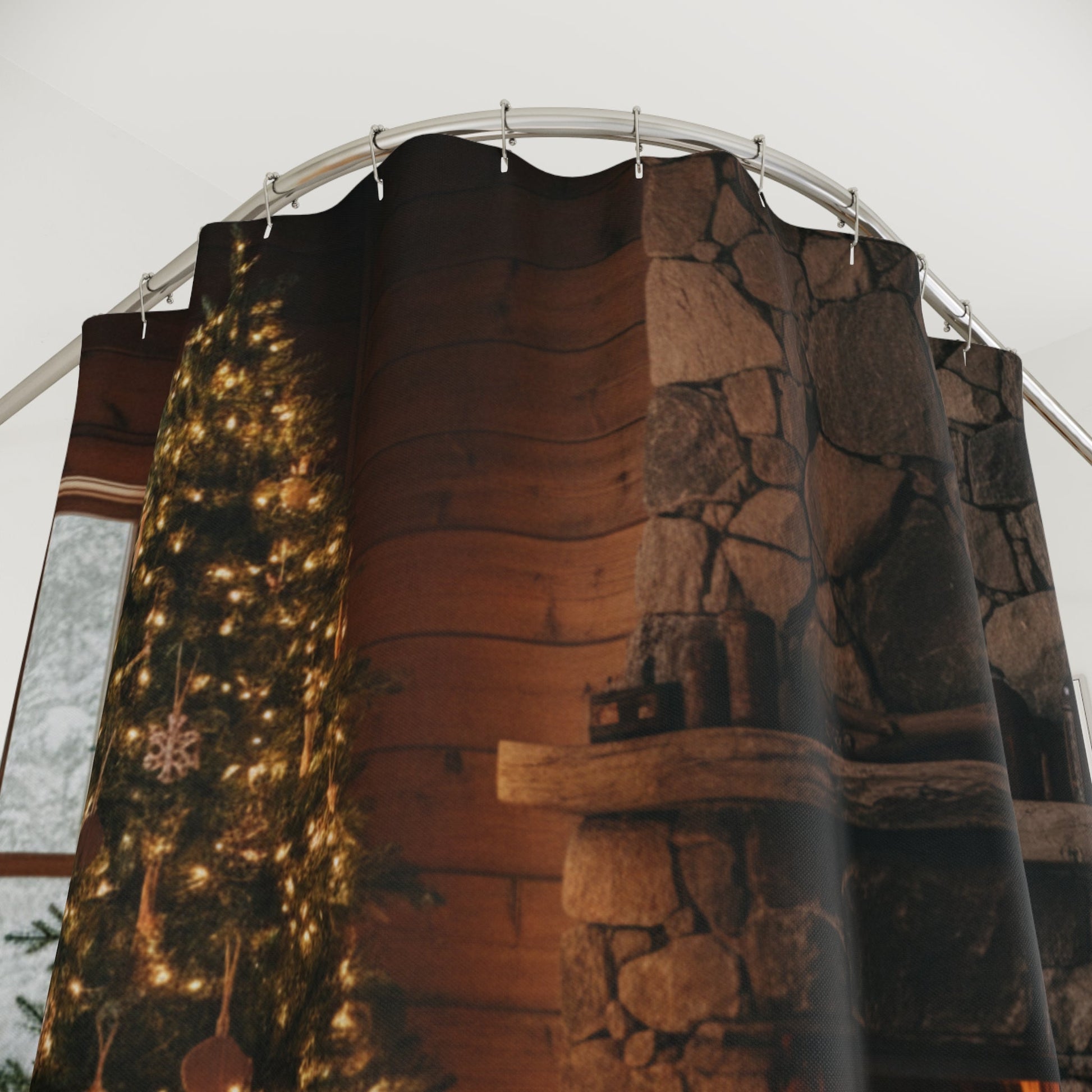 Cozy Fireplace Christmas Tree Shower Curtain | Rustic Cabin Holiday Bathroom - Bubble Gum Wink