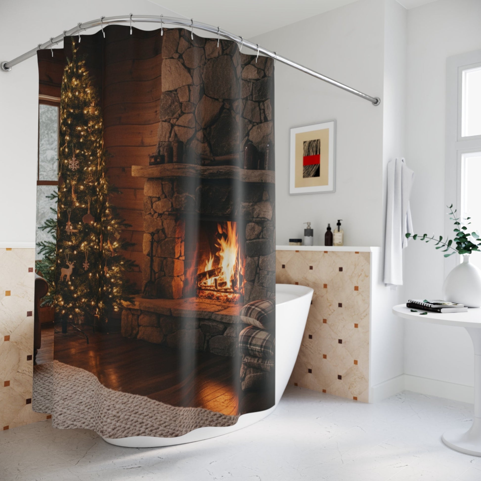 Cozy Fireplace Christmas Tree Shower Curtain | Rustic Cabin Holiday Bathroom - Bubble Gum Wink