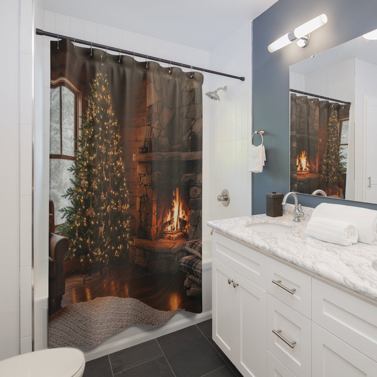 Cozy Fireplace Christmas Tree Shower Curtain | Rustic Cabin Holiday Bathroom - Bubble Gum Wink