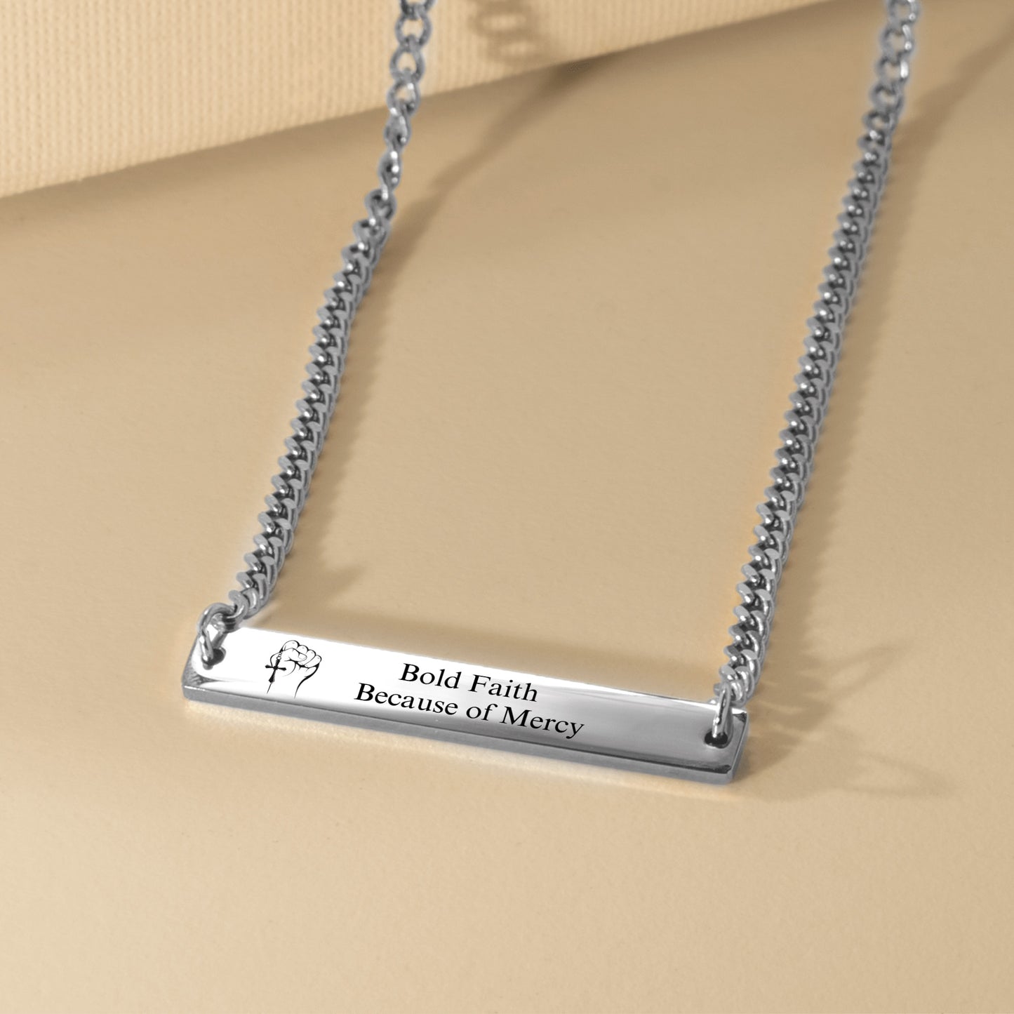 Bold Faith Because of Mercy Cuban Link Bar Necklace