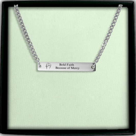 Bold Faith Because of Mercy Cuban Link Bar Necklace