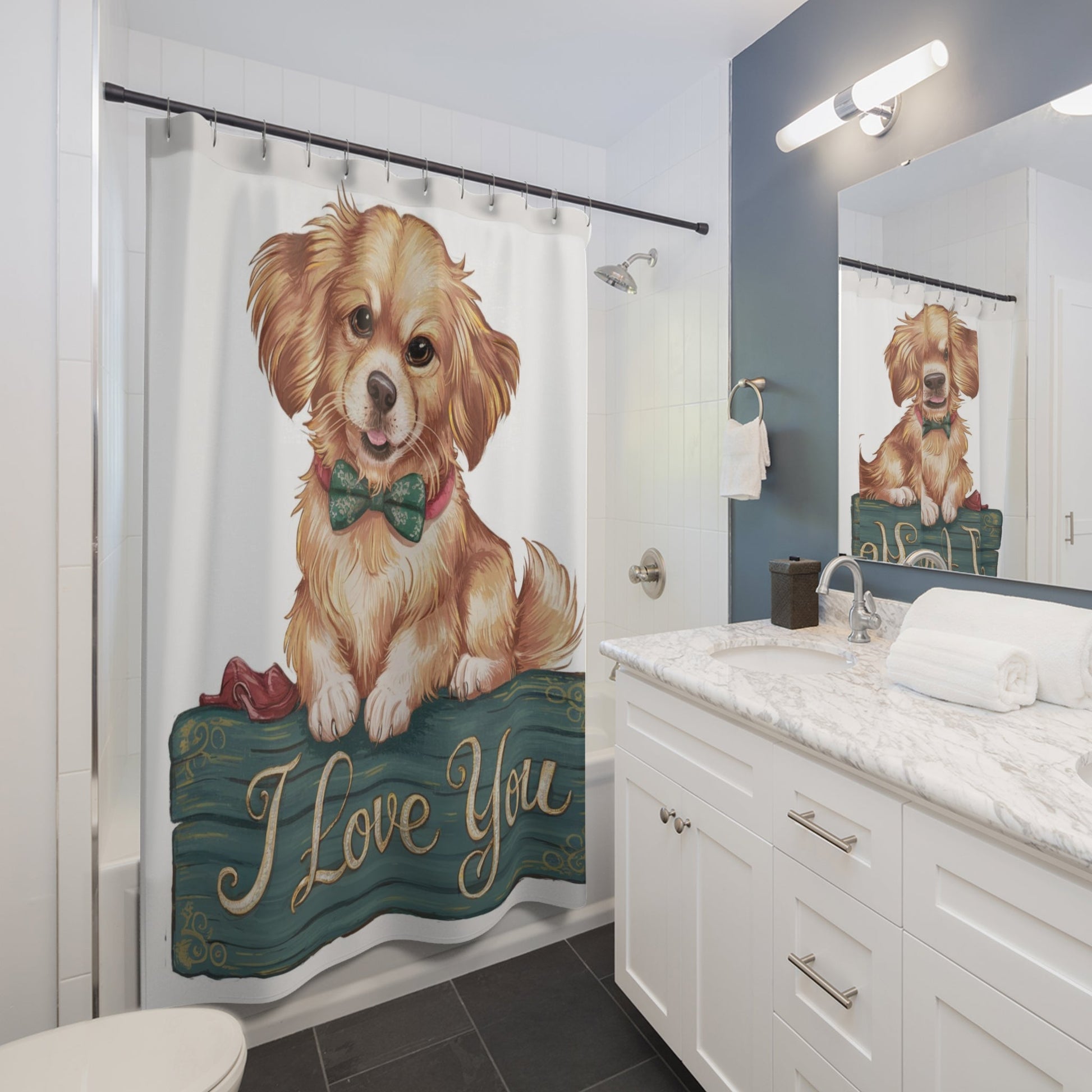 Cute Puppy I Love You Shower Curtain | Dog Bow Tie Bathroom Decor - Bubble Gum Wink